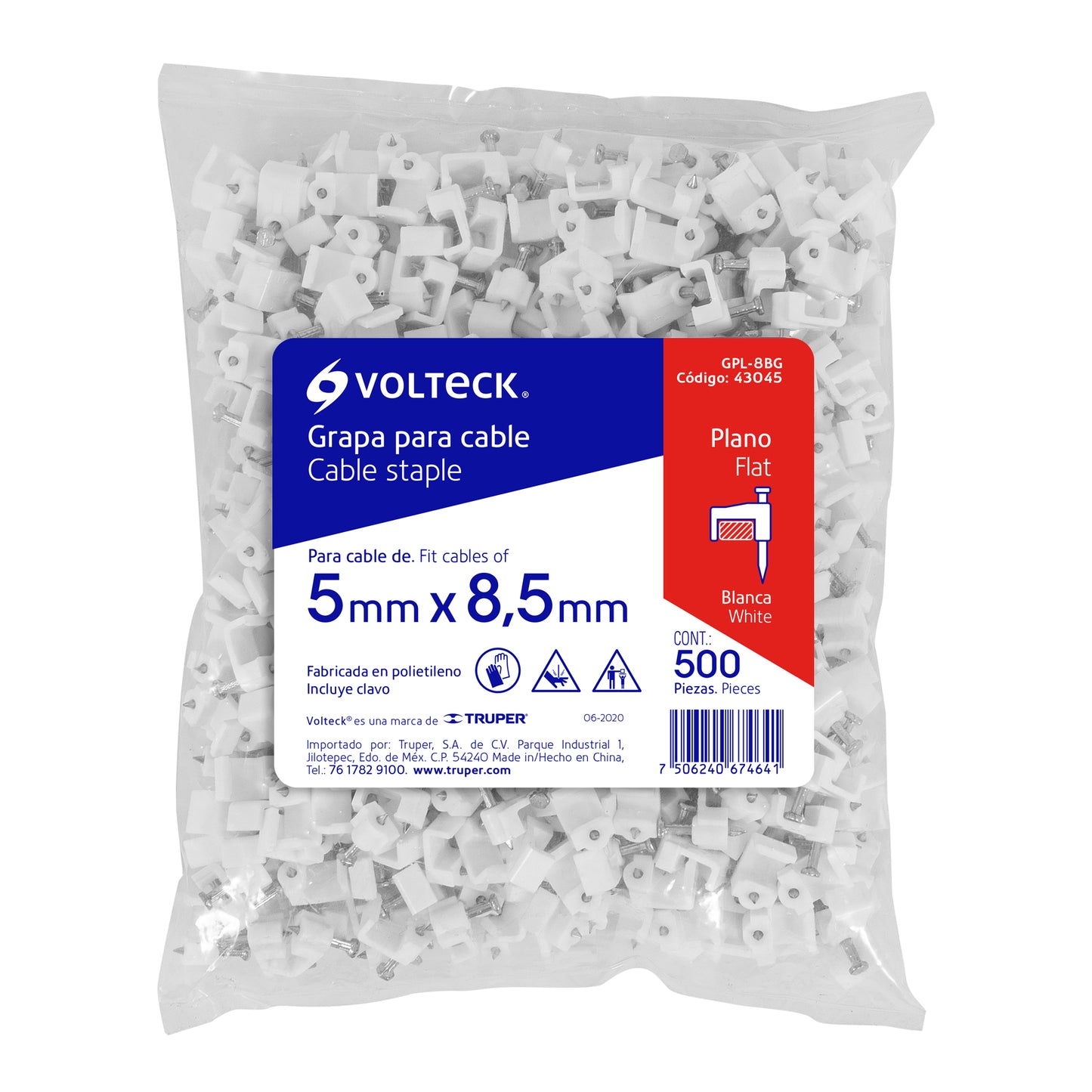 Bolsa con 500 grapas blancas de 5 X 8.5 mm para cable plano | GPL-8BG | 43045
