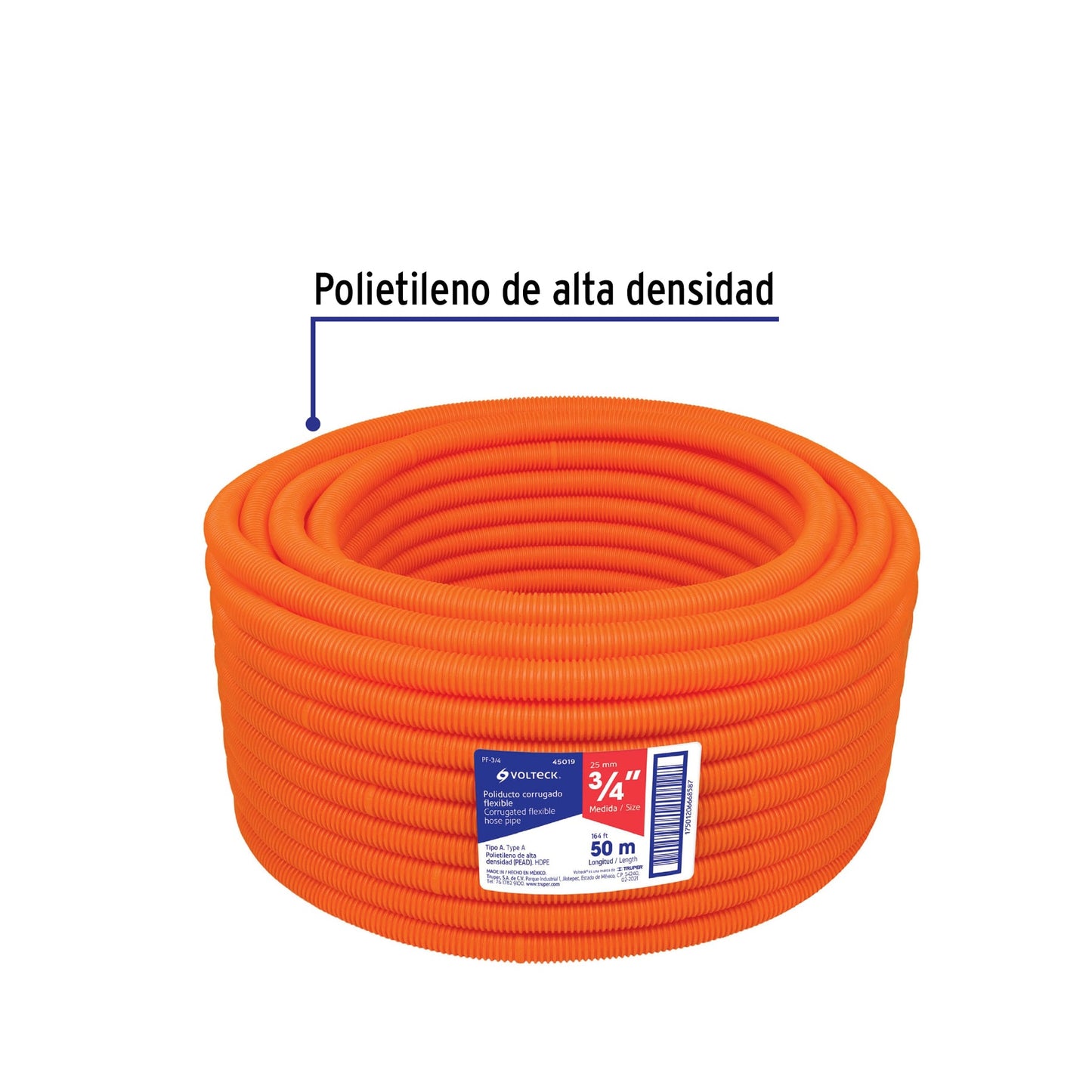 Metro de poliducto 3/4' corrugado flex. s/guía, rollo 50 m | PF-3/4 | 45019