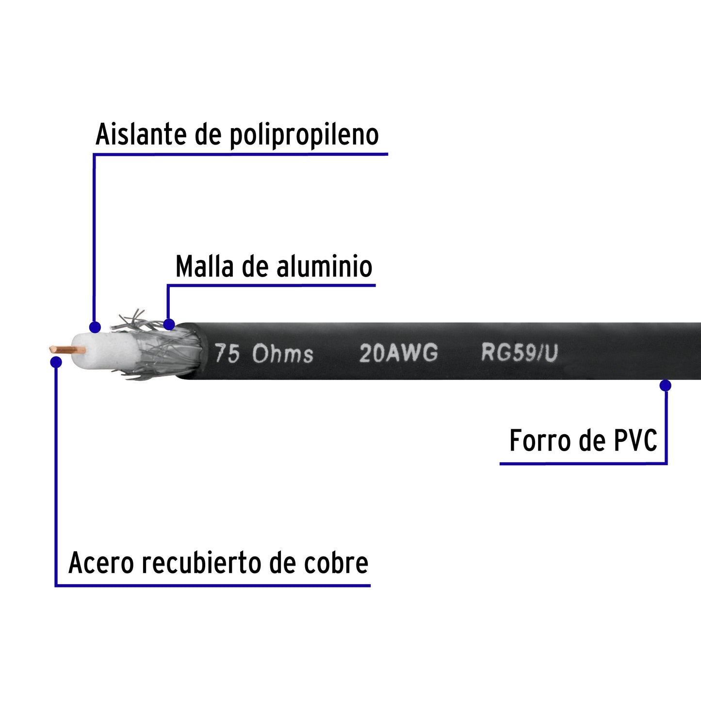 Metro de cable coaxial RG59 en carrete de 500 m, Volteck | CABCO-59500 | 45029