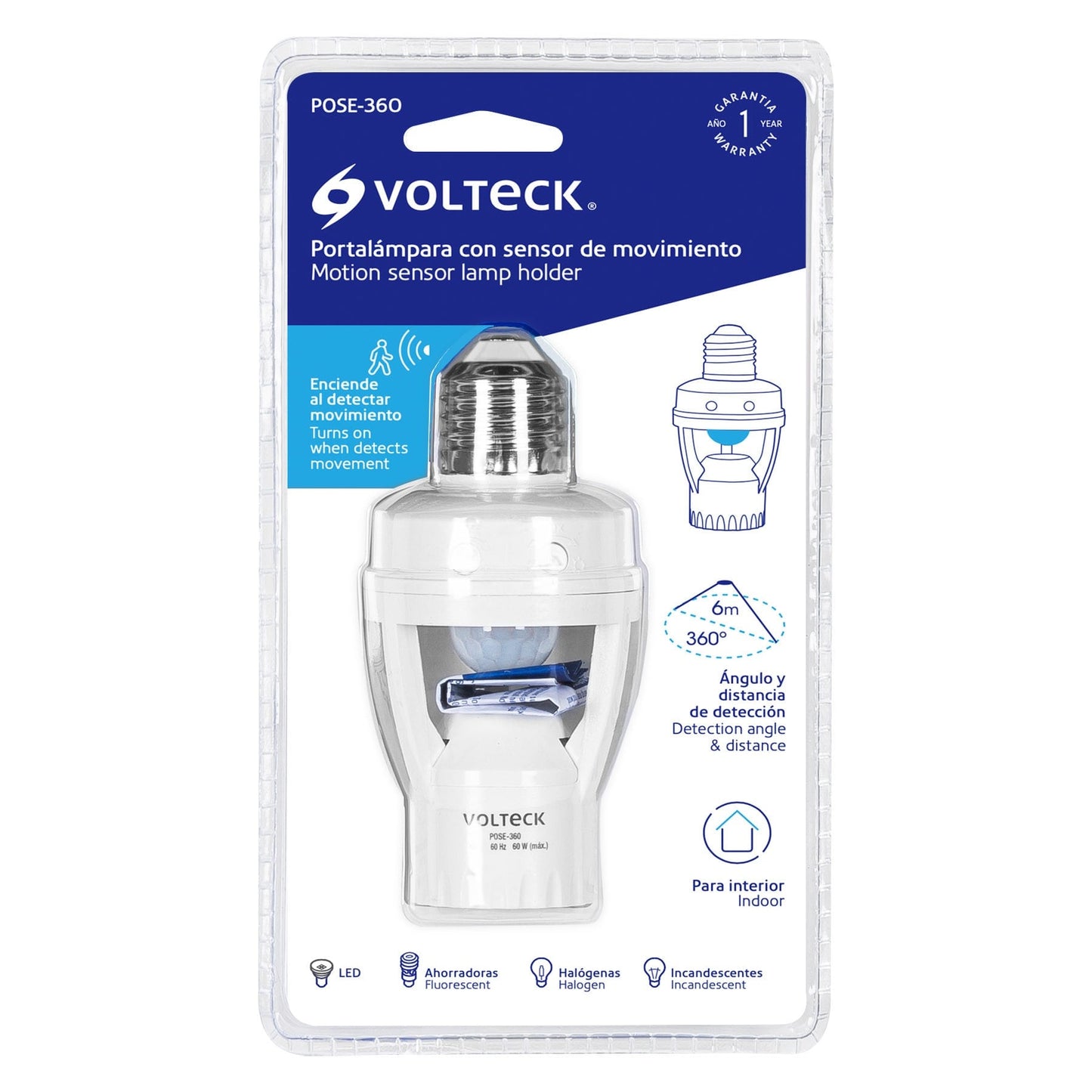 Portalámpara con sensor de movimiento 360°, Volteck | POSE-360 | 46274
