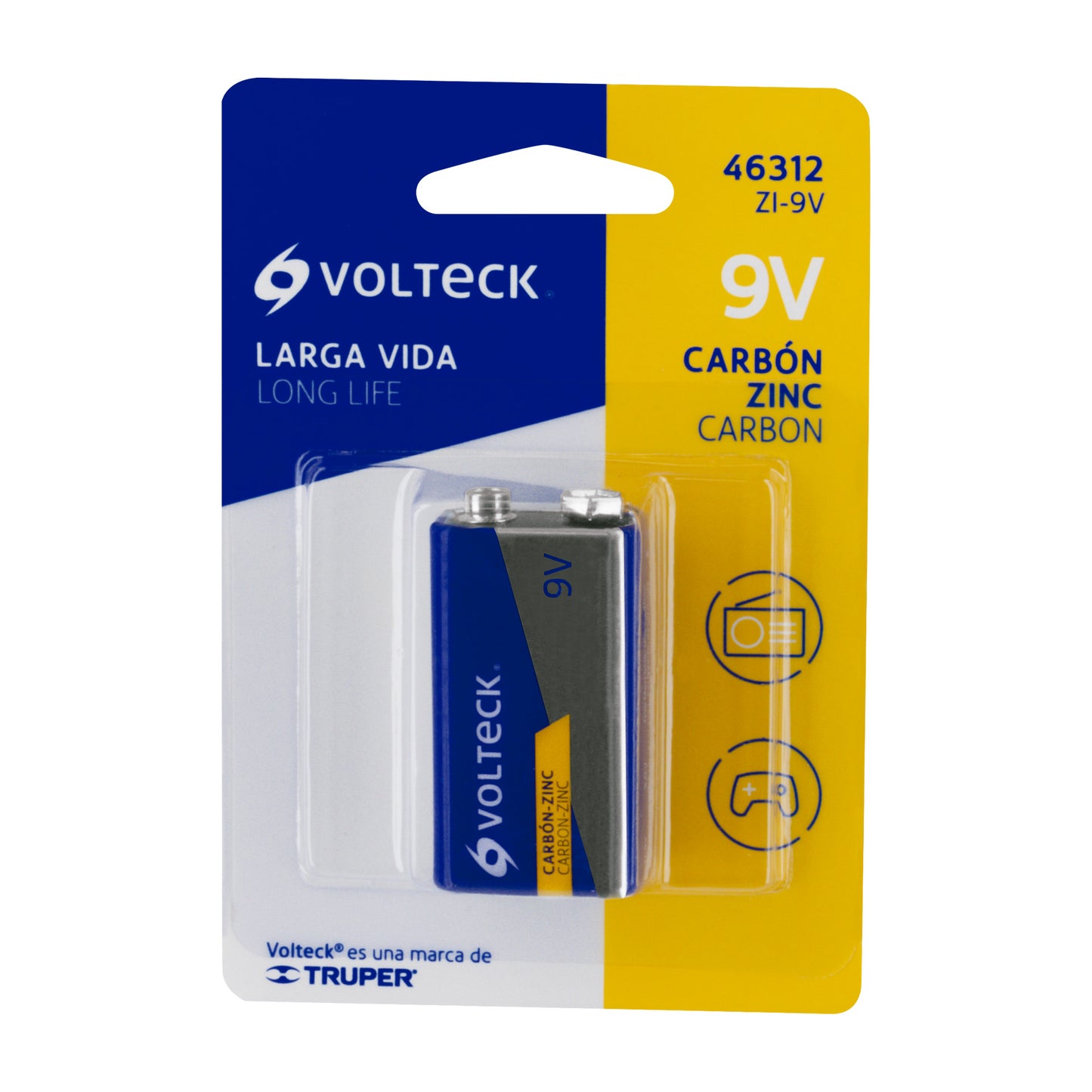 Blíster con 1 pila zinc-carbón 9 V, VOLTECK | ZI-9V | 46312