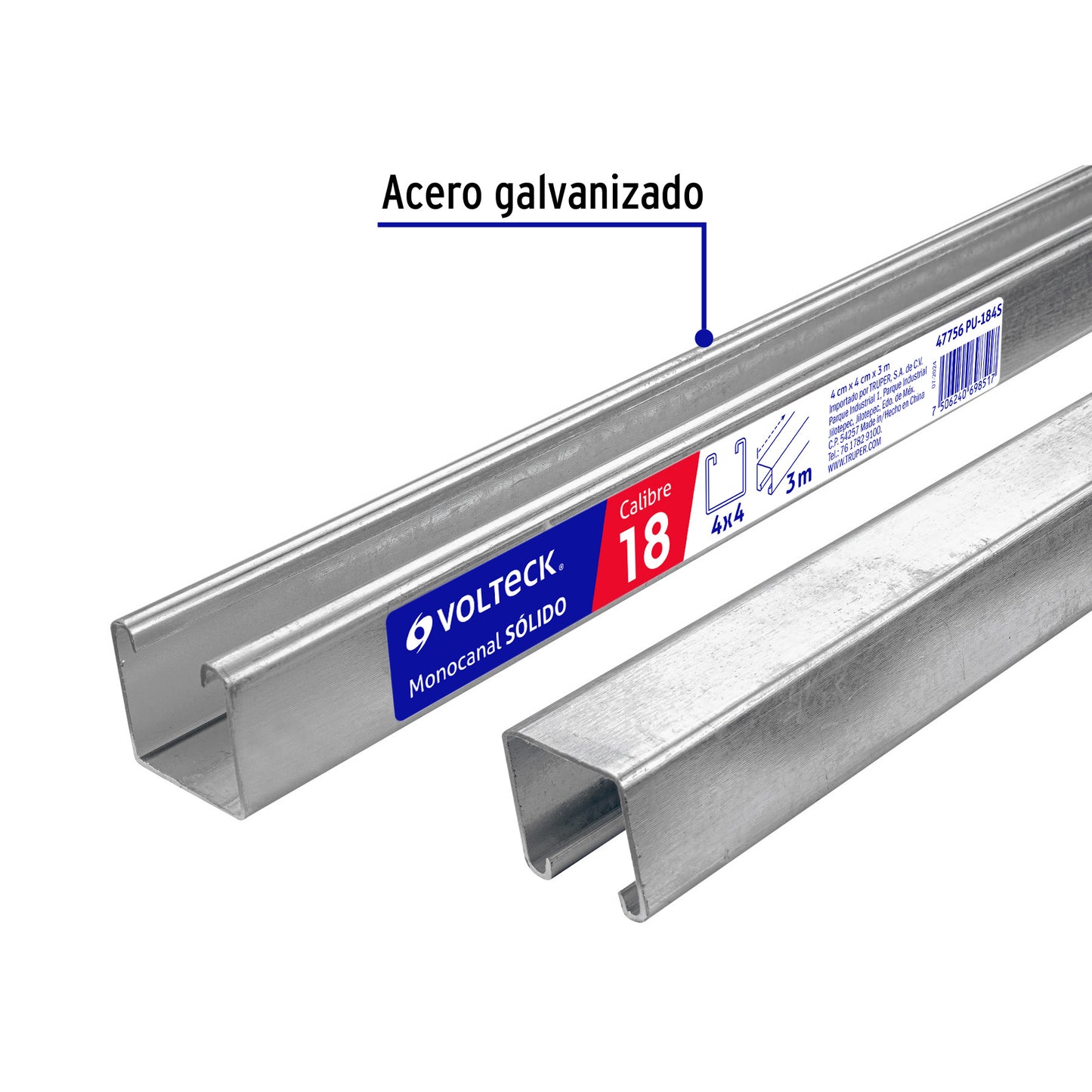 Perfil monocanal sólido de 3 m, 4 x 4 cm cal. 18, VOLTECK | PU-184S | 47756