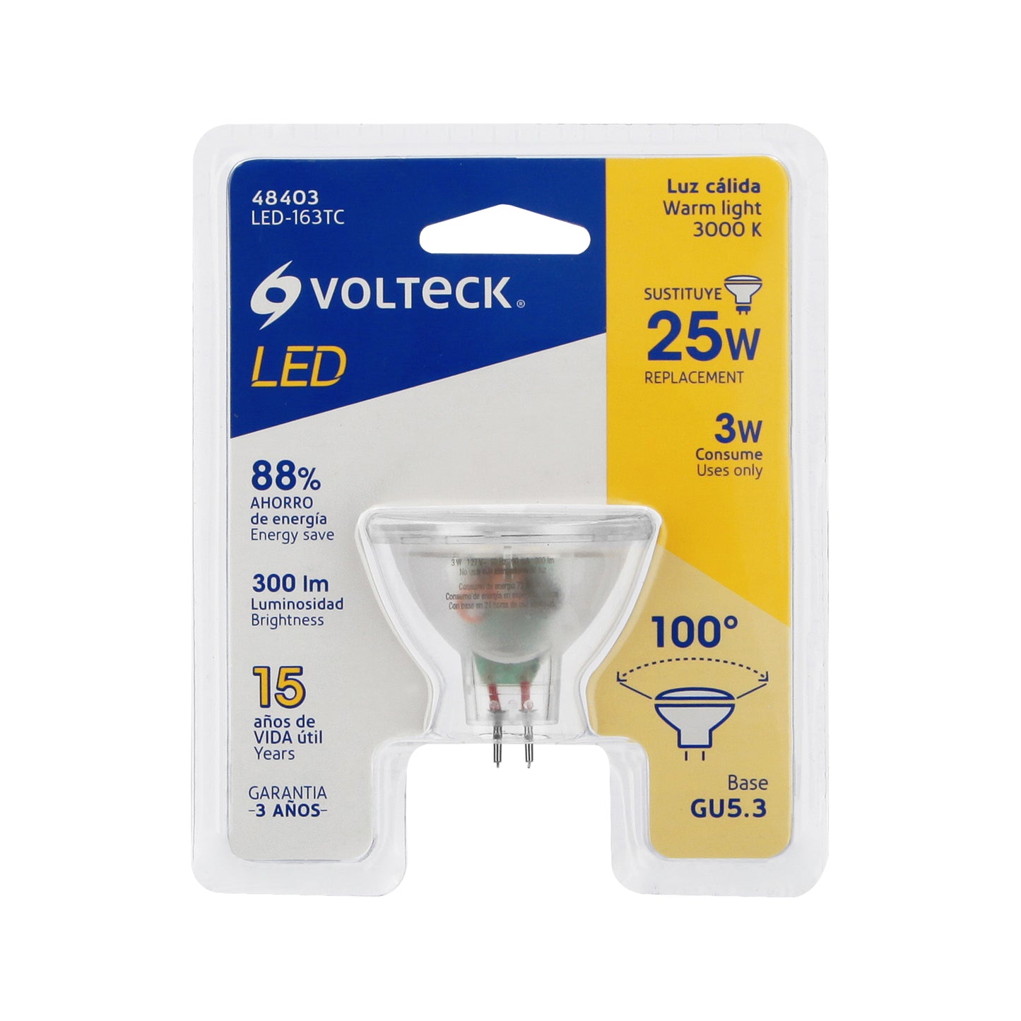 Lámpara trans. de LED 3W MR16 base GU5.3 luz cálida, blíster | LED-163TC | 48403