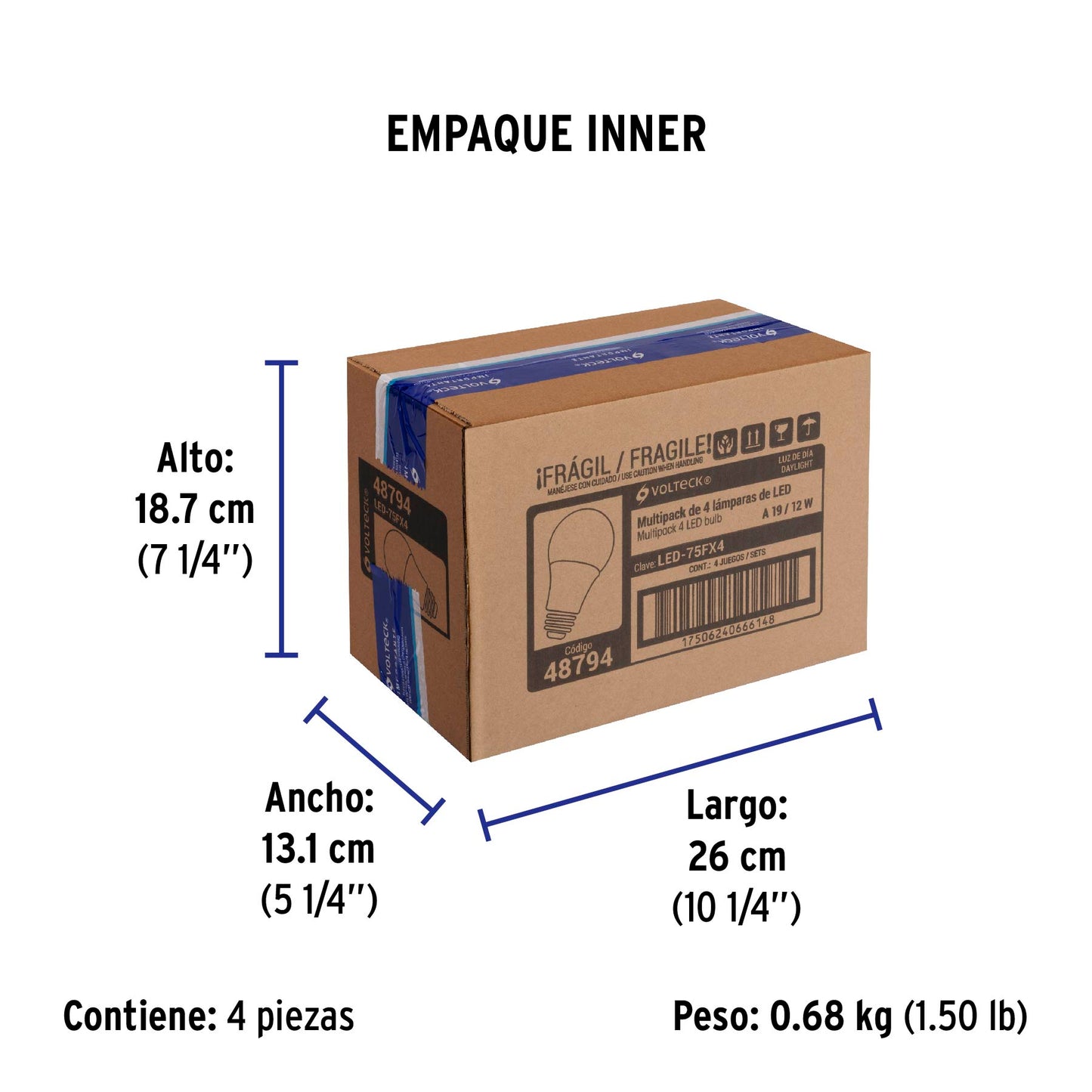 Pack de 4 lámparas LED A19 12 W (equiv. 75 W), luz de día | LED-75FX4 | 48794