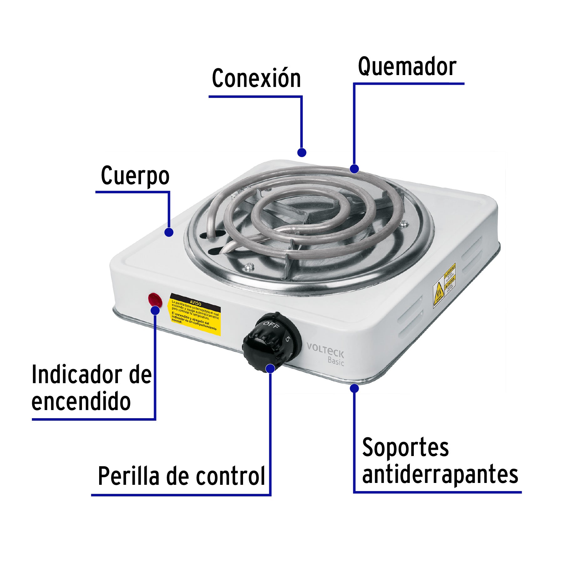 Parrilla eléctrica 1 quemador en espiral, blanca, BASIC | PAEL-1CP | 23031