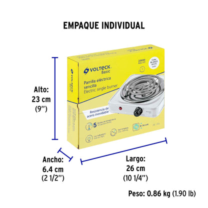 Parrilla eléctrica 1 quemador en espiral, blanca, BASIC | PAEL-1CP | 23031