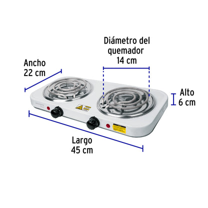 Parrilla eléctrica 2 quemadores en espiral, blanca, BASIC | PAEL-2CP | 23032