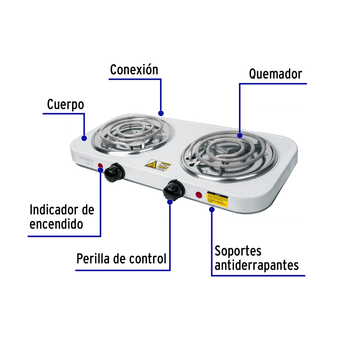 Parrilla eléctrica 2 quemadores en espiral, blanca, BASIC | PAEL-2CP | 23032
