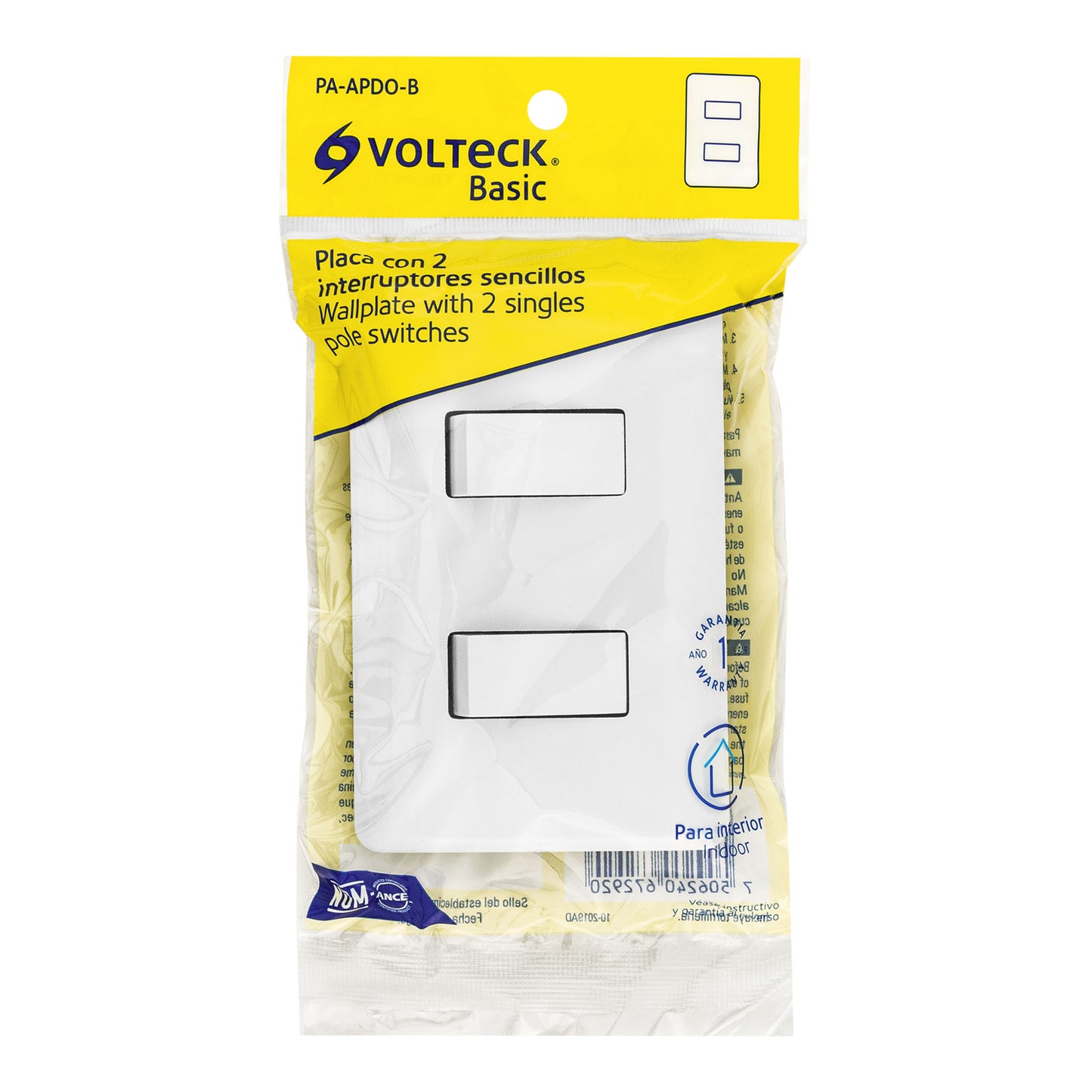 Placa armada con 2 interruptores sencillos, Volteck Basic | PA-APDO-B | 25080