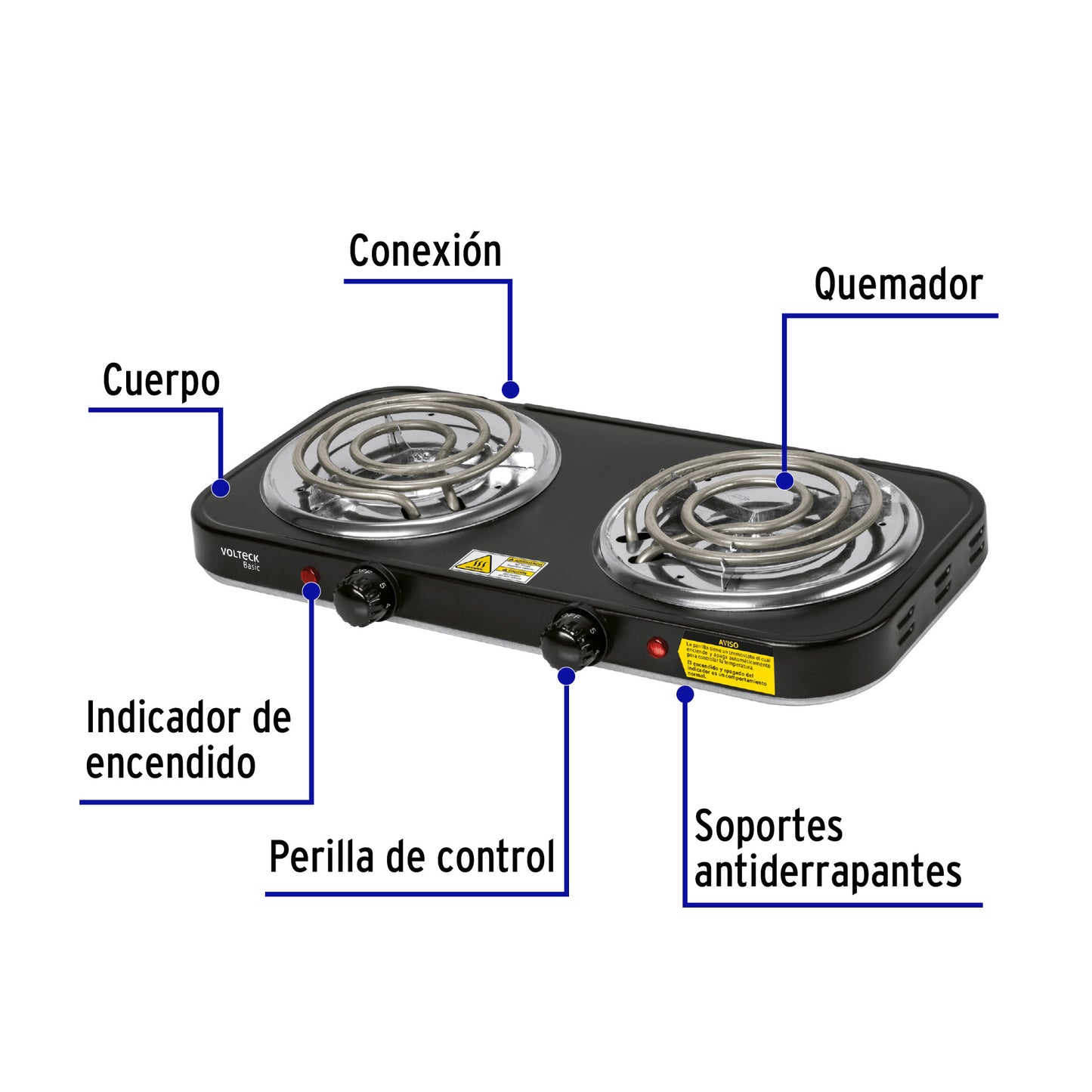 Parrilla eléctrica 2 quemadores en espiral, negra, BASIC | PAEL-2CPN | 26092