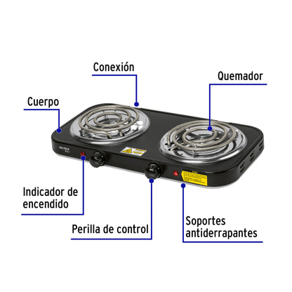 Parrilla eléctrica 2 quemadores en espiral, negra, BASIC | PAEL-2CPN | 26092