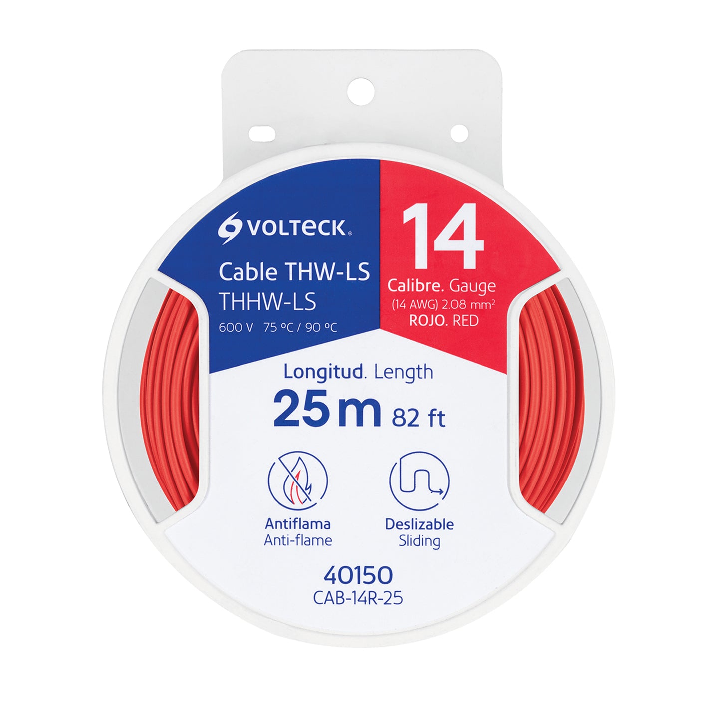 Carrete con 25 m de cable THHW-LS 14 AWG rojo, Volteck | CAB-14R-25 | 40150