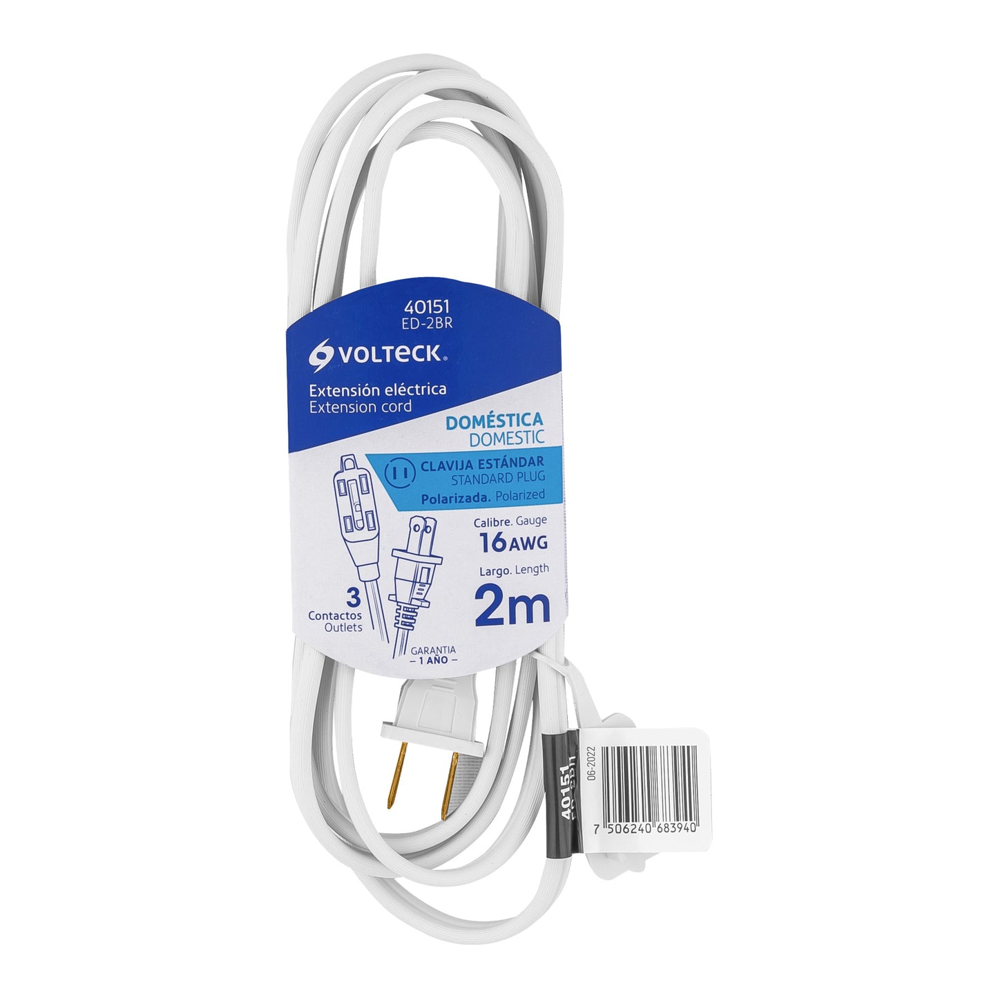 Extensión eléctrica doméstica 2 m clavija recta, blanca | ED-2BR | 40151