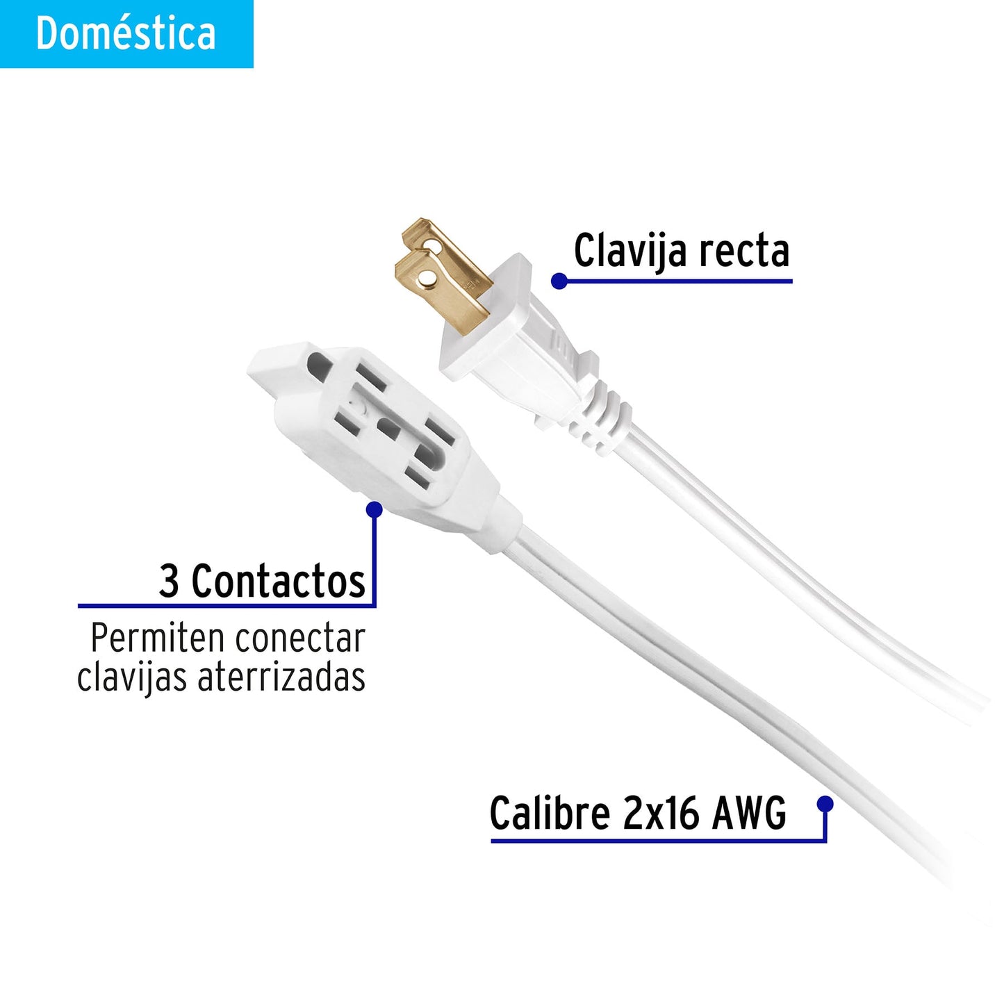 Extensión eléctrica doméstica 2 m clavija recta, blanca | ED-2BR | 40151
