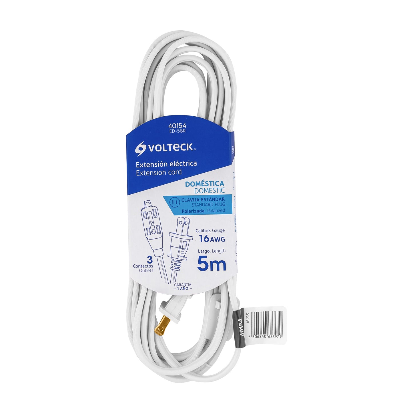 Extensión eléctrica doméstica 5 m clavija recta, blanca | ED-5BR | 40154