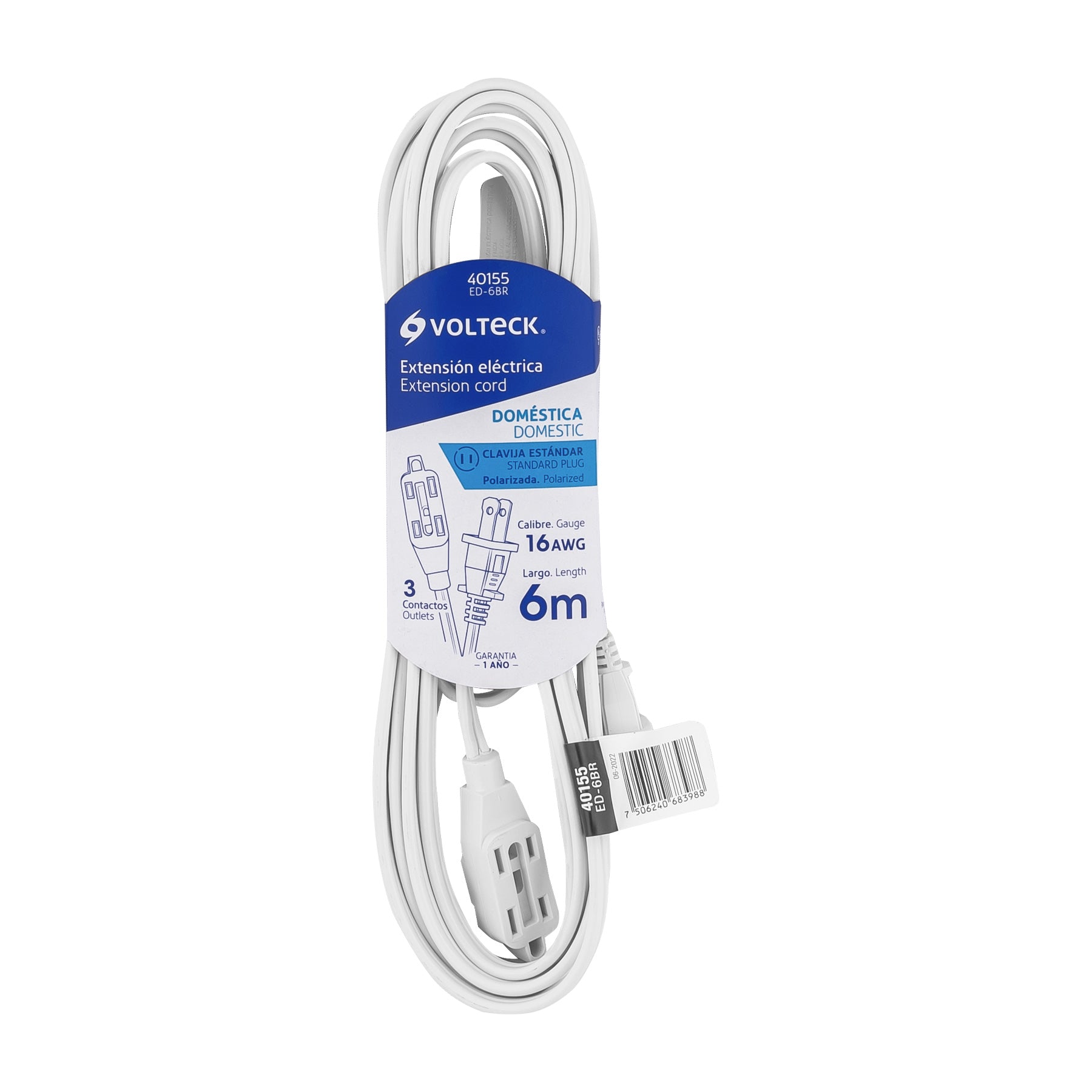 Extensión eléctrica doméstica 6 m clavija recta, blanca | ED-6BR | 40155