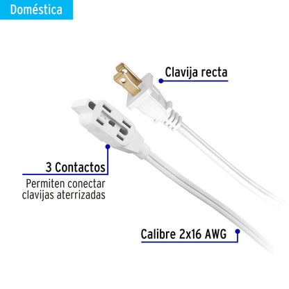 Extensión eléctrica doméstica 6 m clavija recta, blanca | ED-6BR | 40155