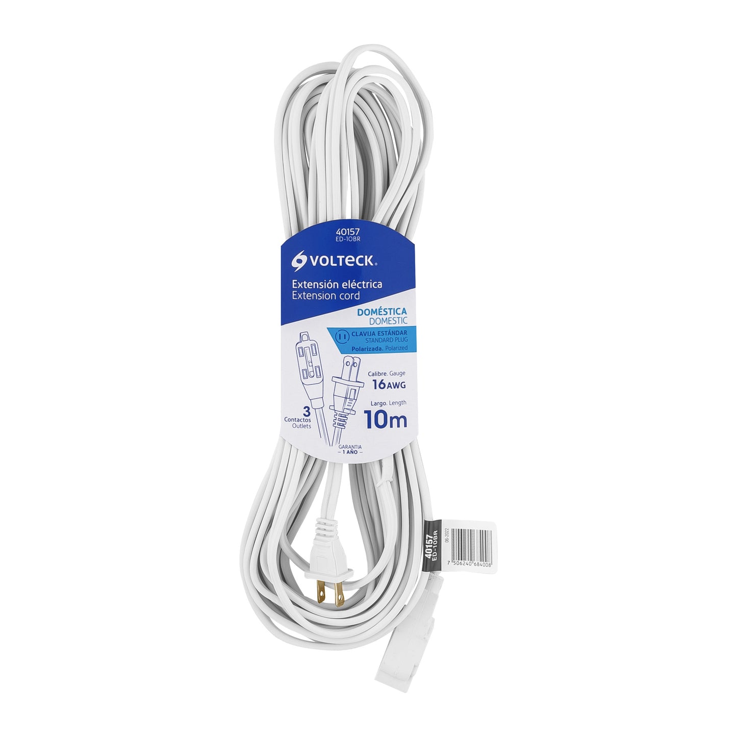 Extensión eléctrica doméstica 10 m clavija recta, blanca | ED-10BR | 40157