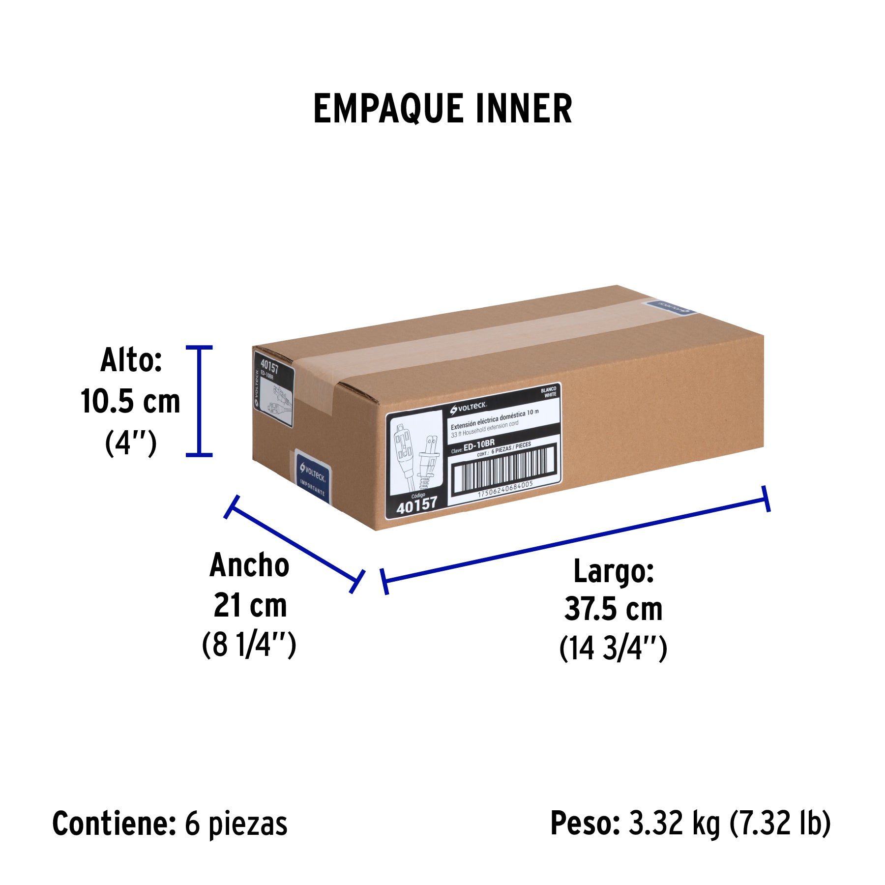 Extensión eléctrica doméstica 10 m clavija recta, blanca | ED-10BR | 40157