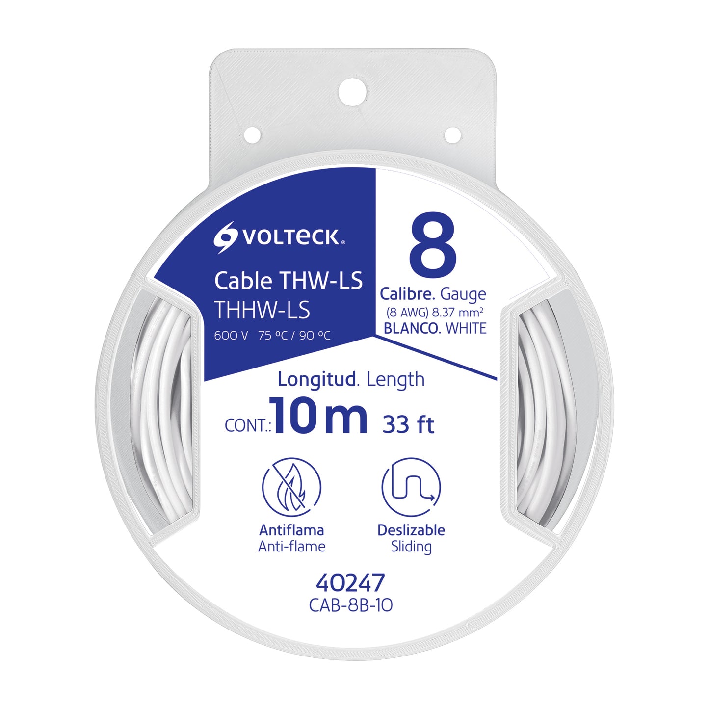 Carrete con 10 m de cable THHW-LS 8 AWG blanco, Volteck | CAB-8B-10 | 40247