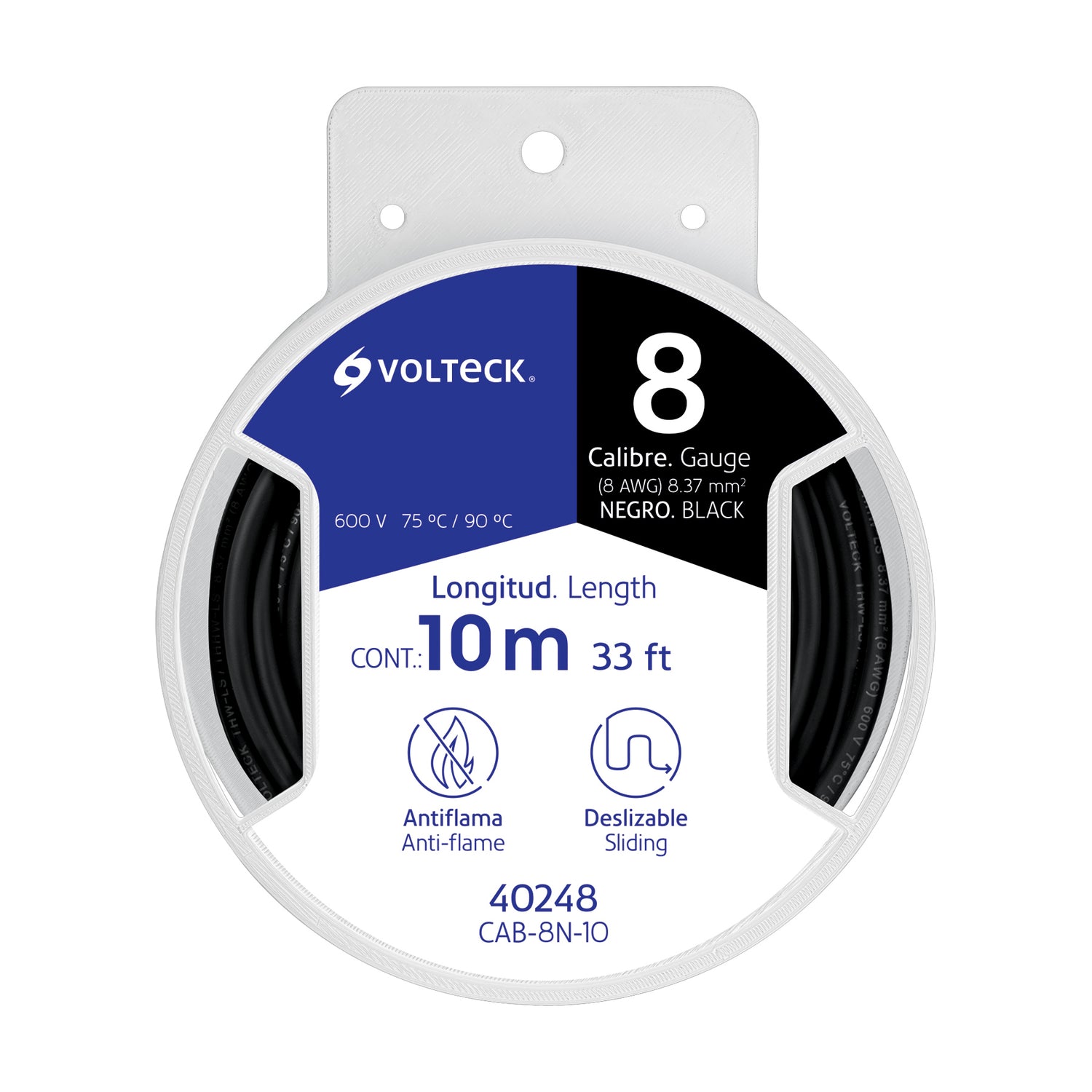 Carrete con 10 m de cable THHW-LS 8 AWG negro, Volteck | CAB-8N-10 | 40248