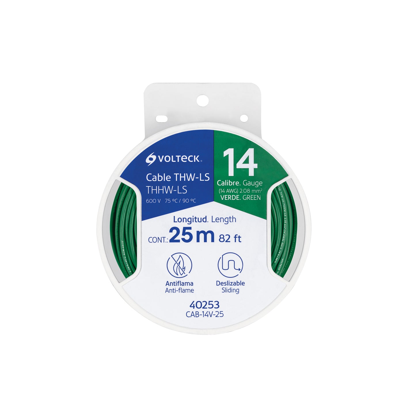 Carrete con 25 m de cable THHW-LS 14 AWG verde, Volteck | CAB-14V-25 | 40253