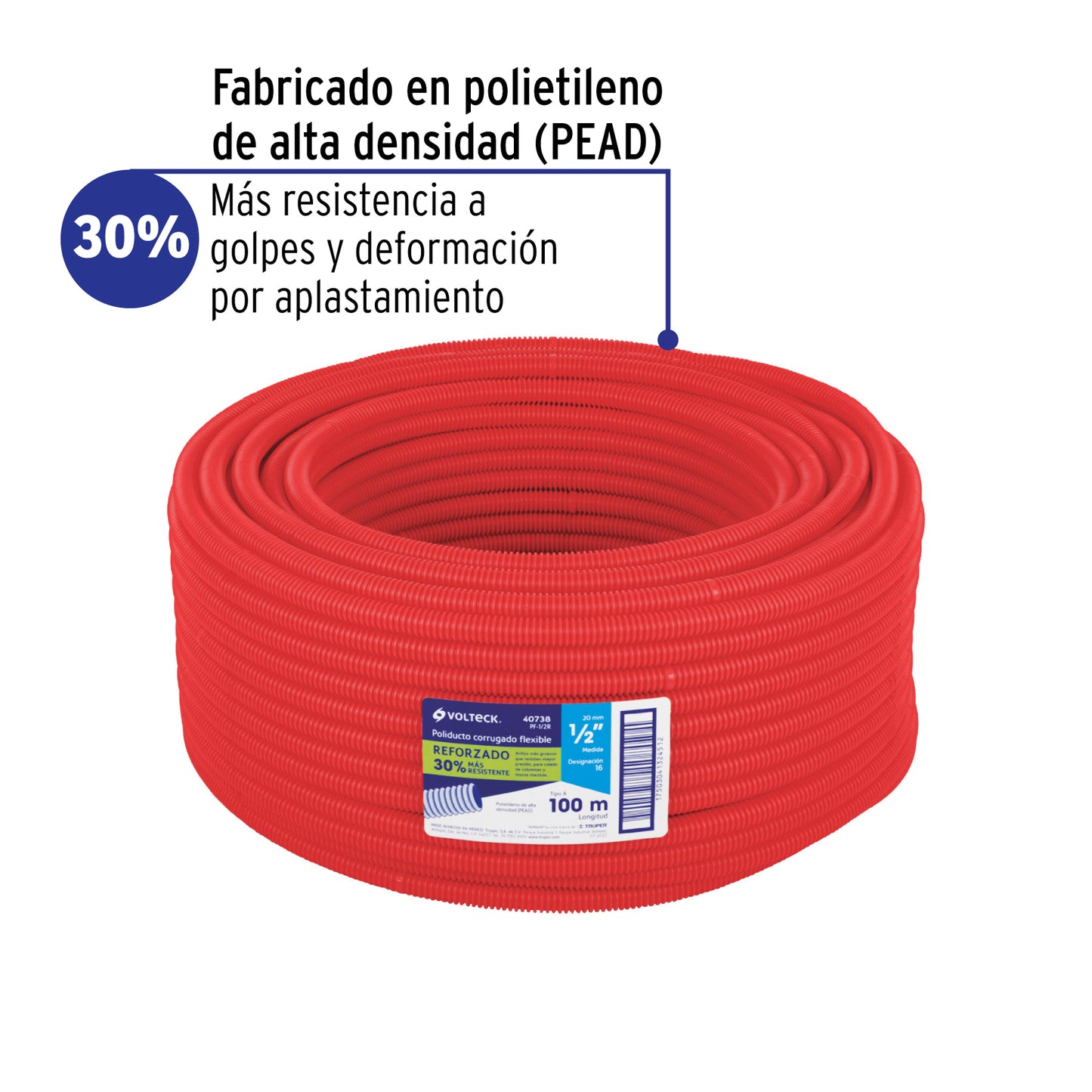 Metro de poliducto 1/2' corrugado flex. reforz. s/guía, 100m | PF-1/2R | 40738