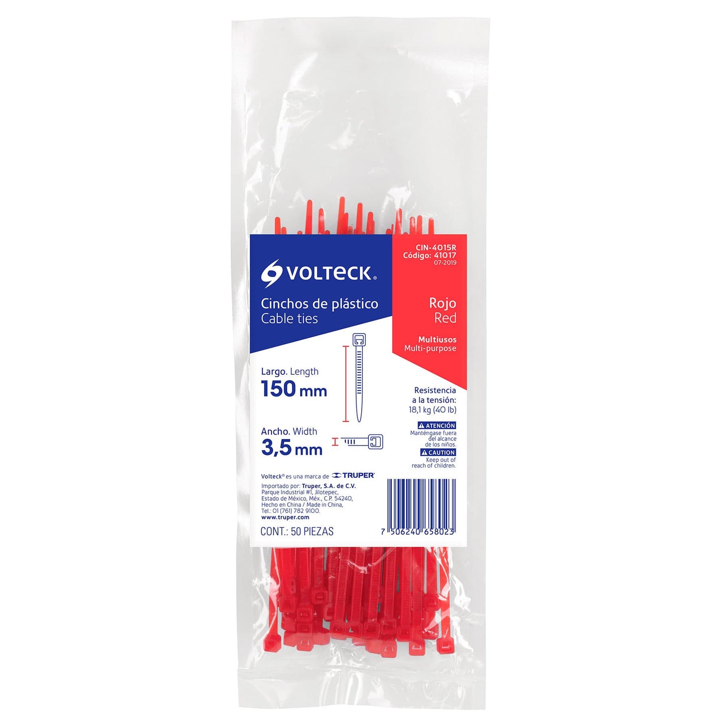 Bolsa con 50 cinchos plásticos 40 lb, 150 x 3.5 mm, rojos | CIN-4015R | 41017