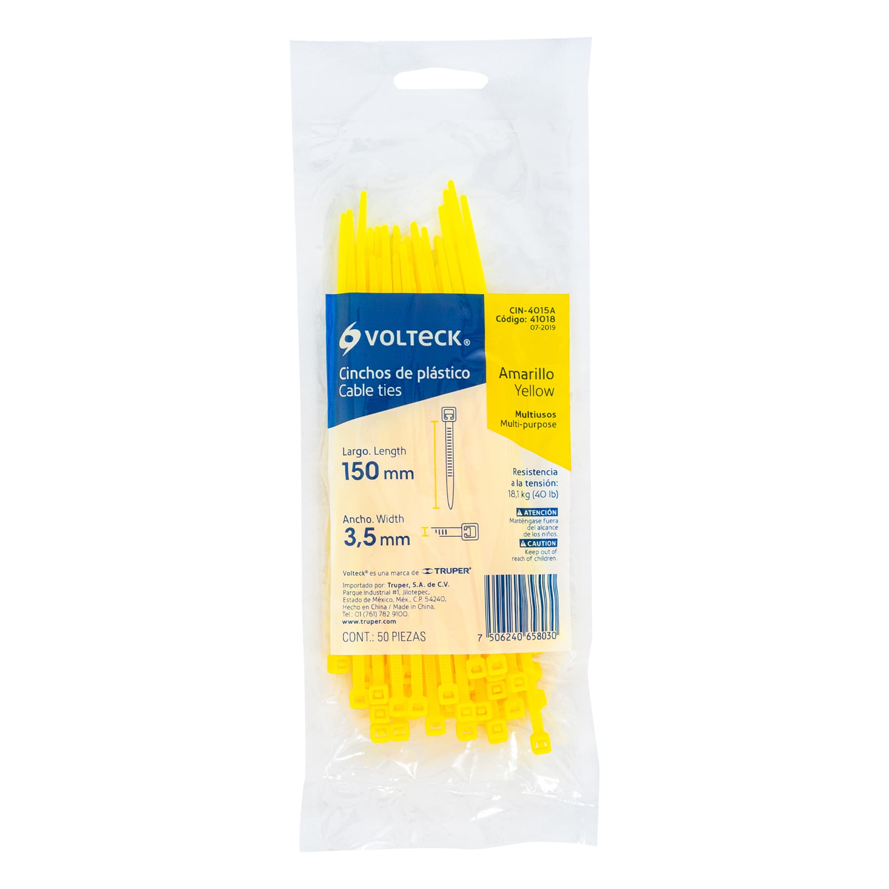 Bolsa con 50 cinchos plásticos 40 lb, 150x3.5 mm, amarillos | CIN-4015A | 41018