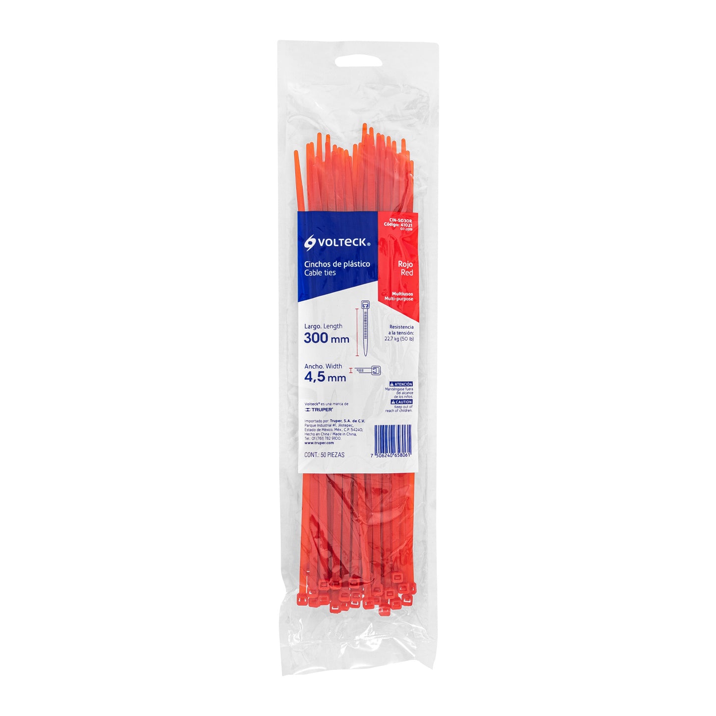 Bolsa con 50 cinchos plásticos 50 lb, 300 x 4.5 mm, rojos | CIN-5030R | 41021