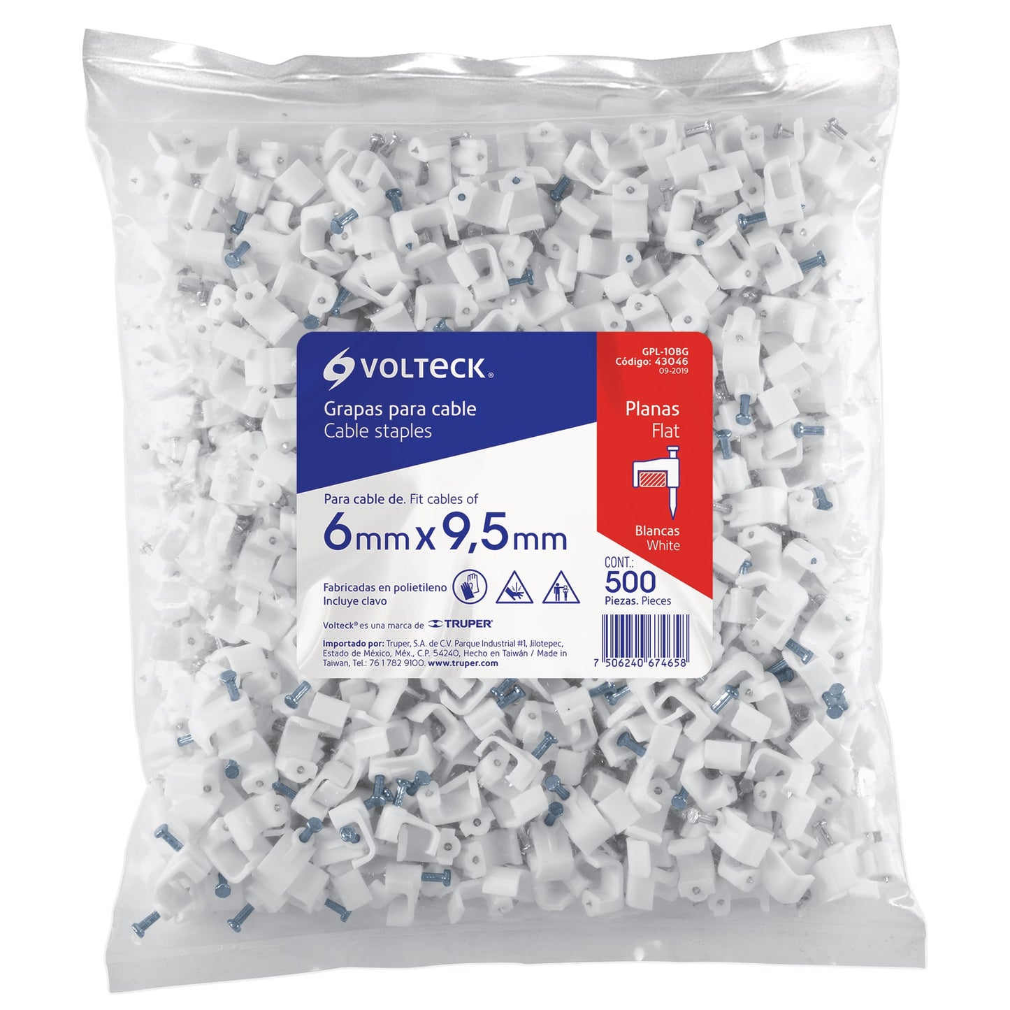 Bolsa con 500 grapas blancas de 6 x 9.5 mm para cable plano | GPL-10BG | 43046