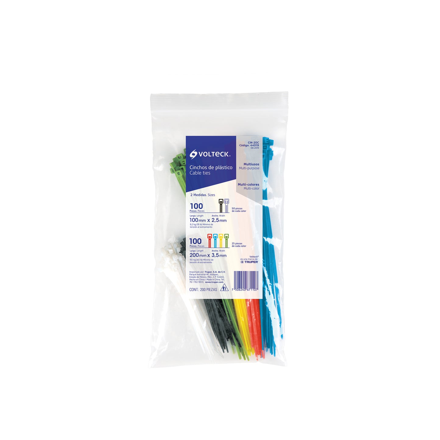 Bolsa con 200 cinchos plásticos en colores surtidos, Volteck | CIN-20C | 44019