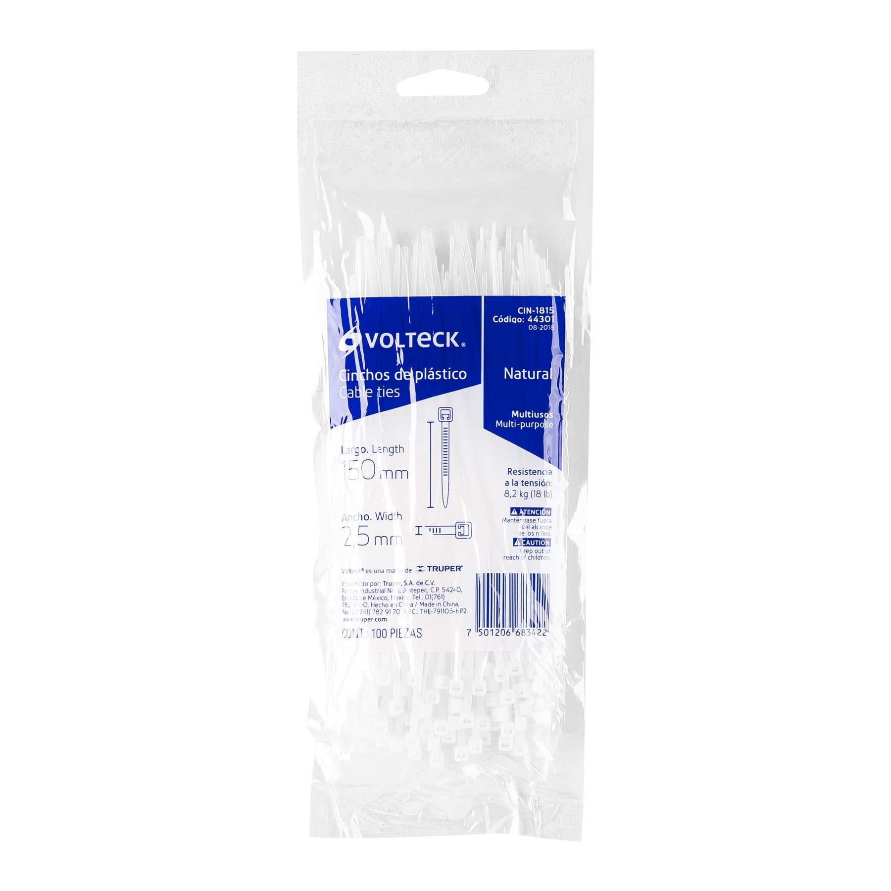 Bolsa con 100 cinchos plásticos 18 lb, 150x2.5 mm, naturales | CIN-1815 | 44301