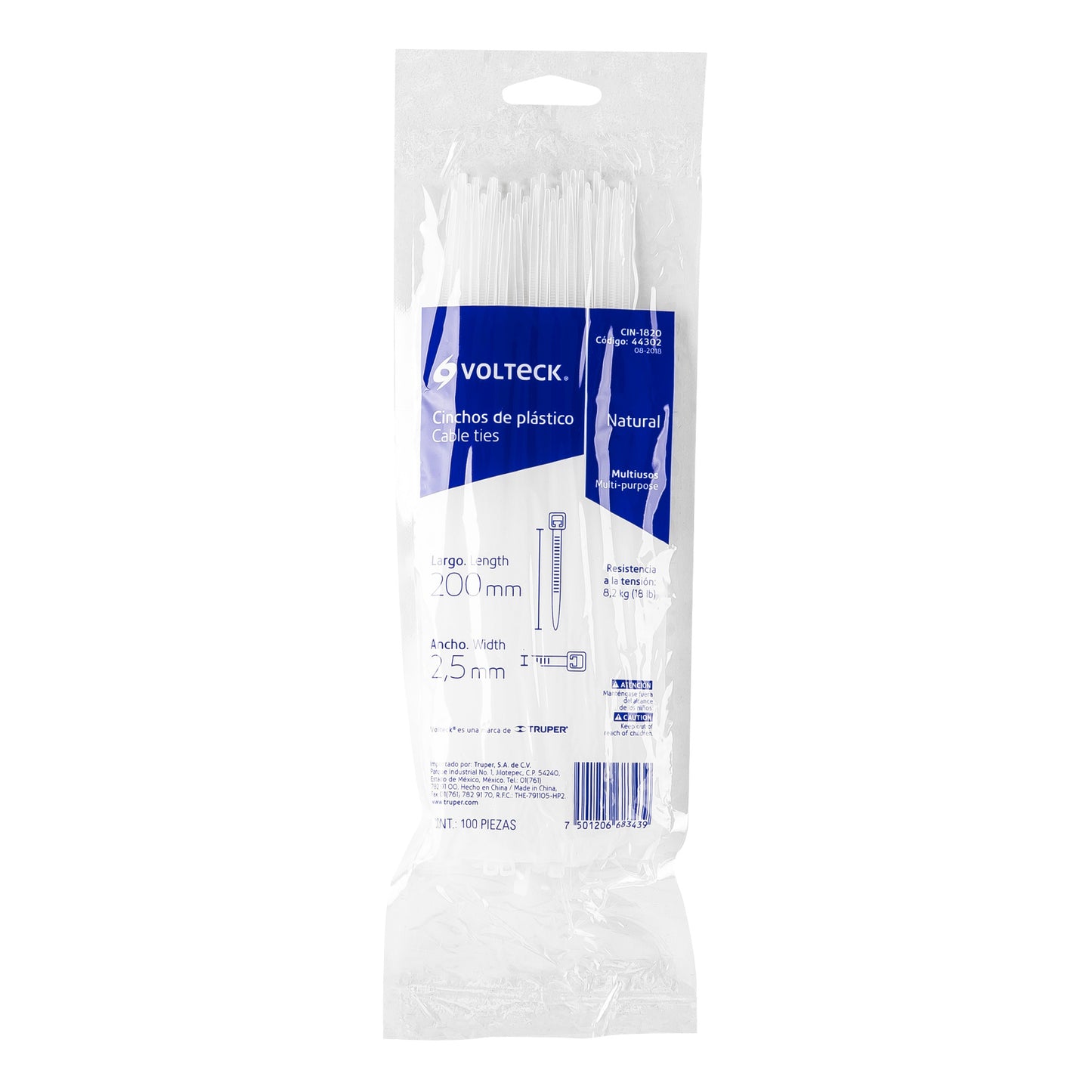 Bolsa con 100 cinchos plásticos 18 lb, 200x2.5 mm, naturales | CIN-1820 | 44302