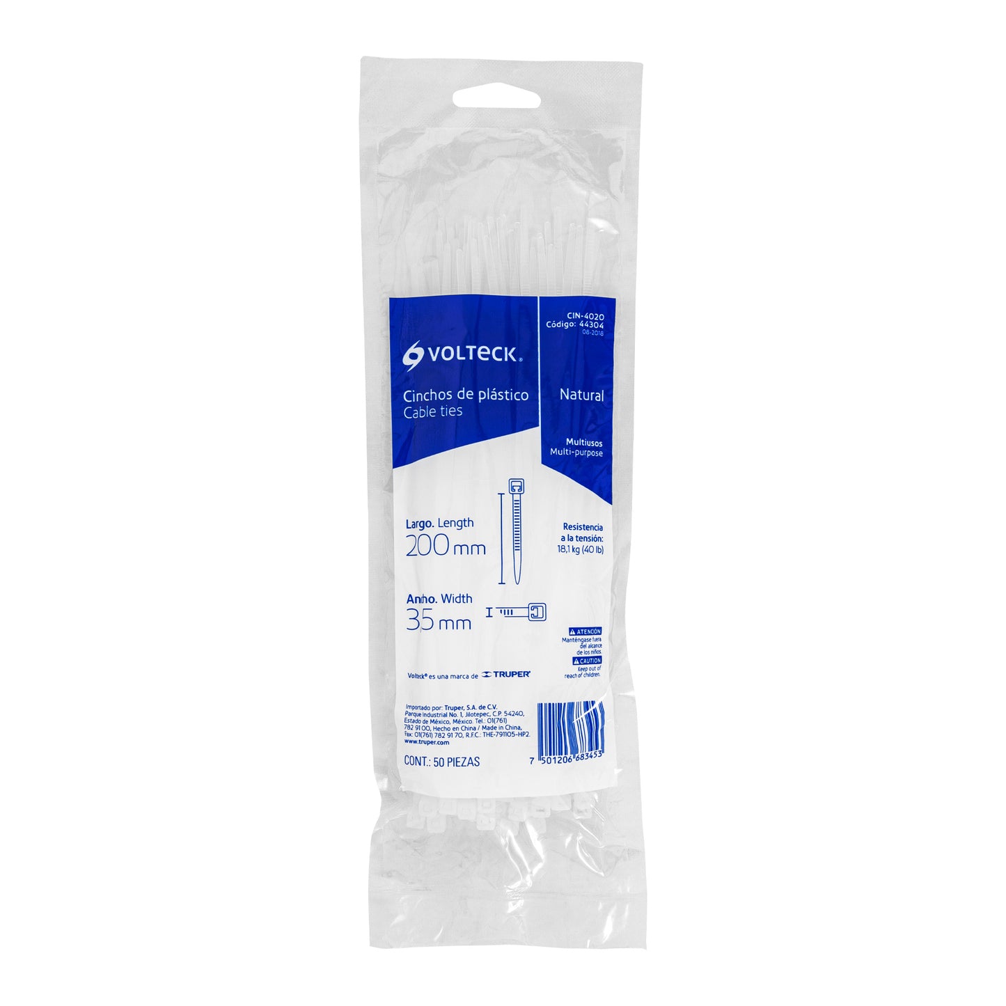 Bolsa con 50 cinchos plásticos 40 lb, 200x3.5 mm, naturales | CIN-4020 | 44304