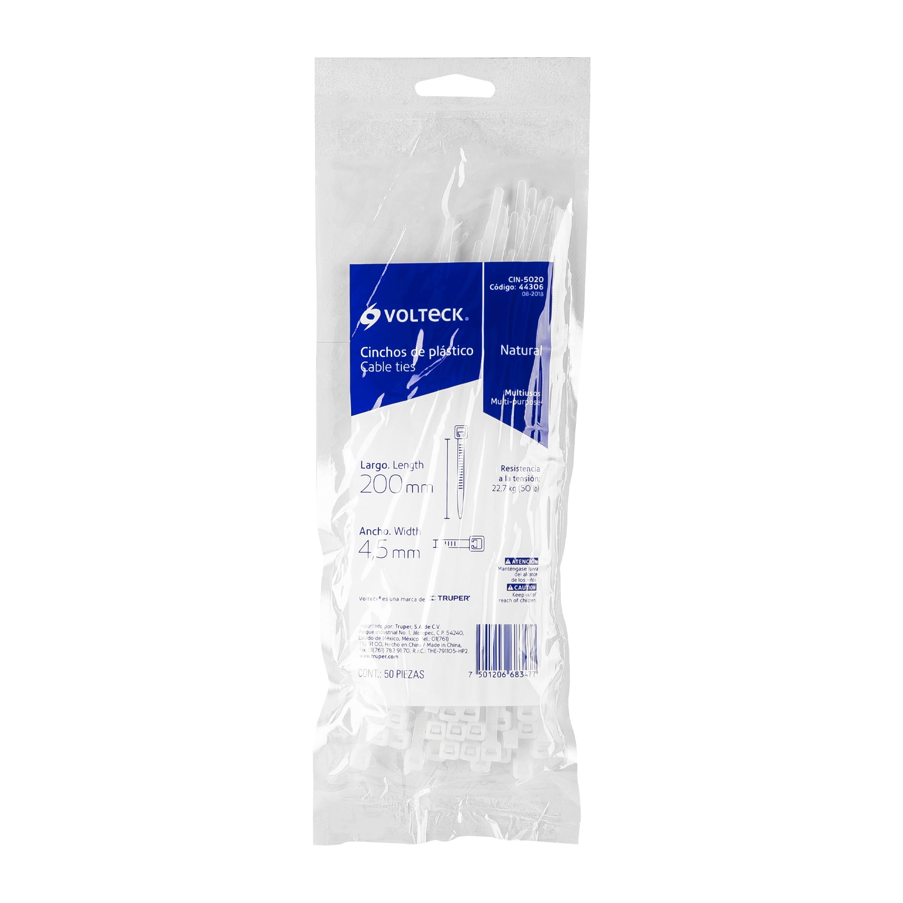 Bolsa con 50 cinchos plásticos 50 lb, 200x4.5 mm, naturales | CIN-5020 | 44306