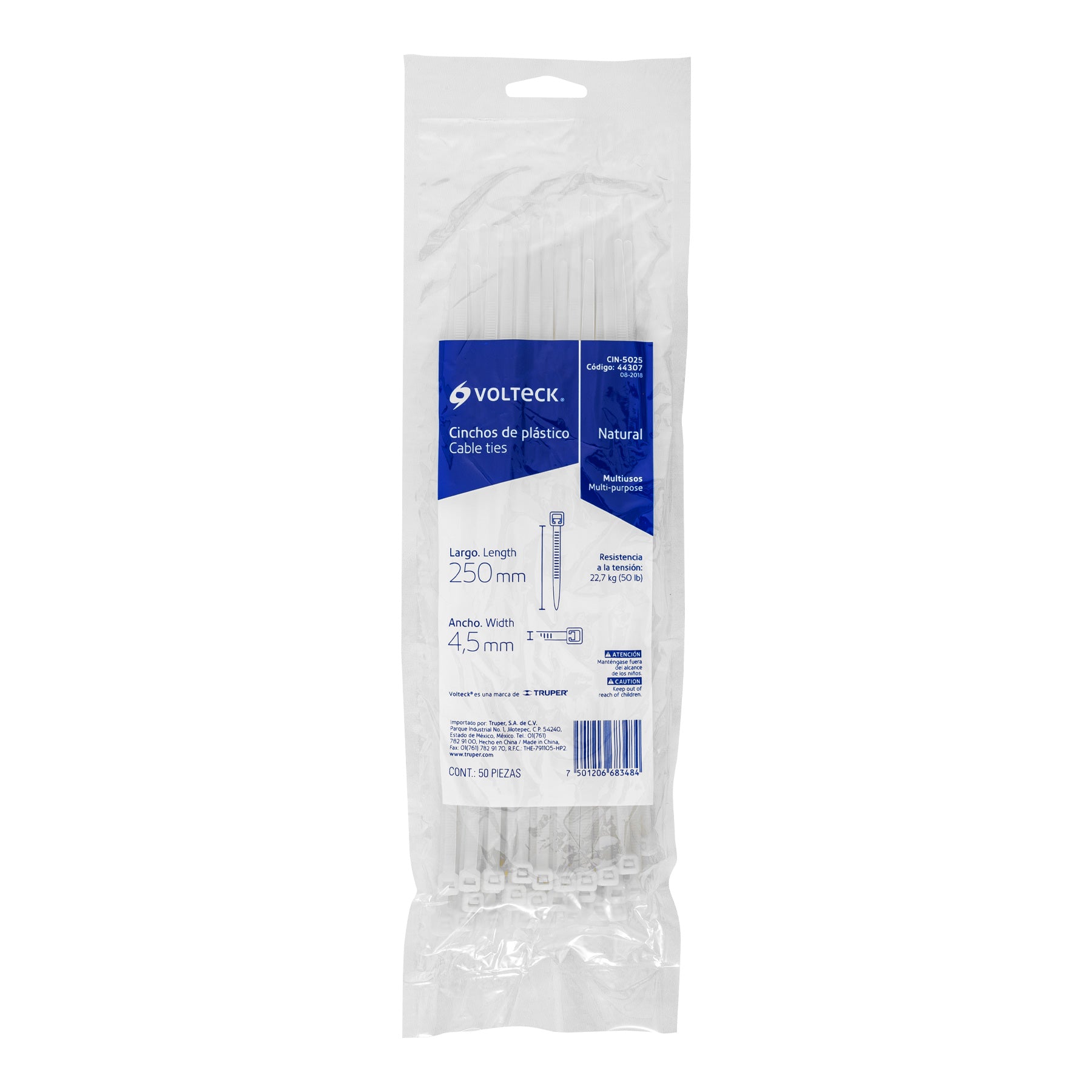 Bolsa con 50 cinchos plásticos 50 lb, 250x4.5 mm, naturales | CIN-5025 | 44307