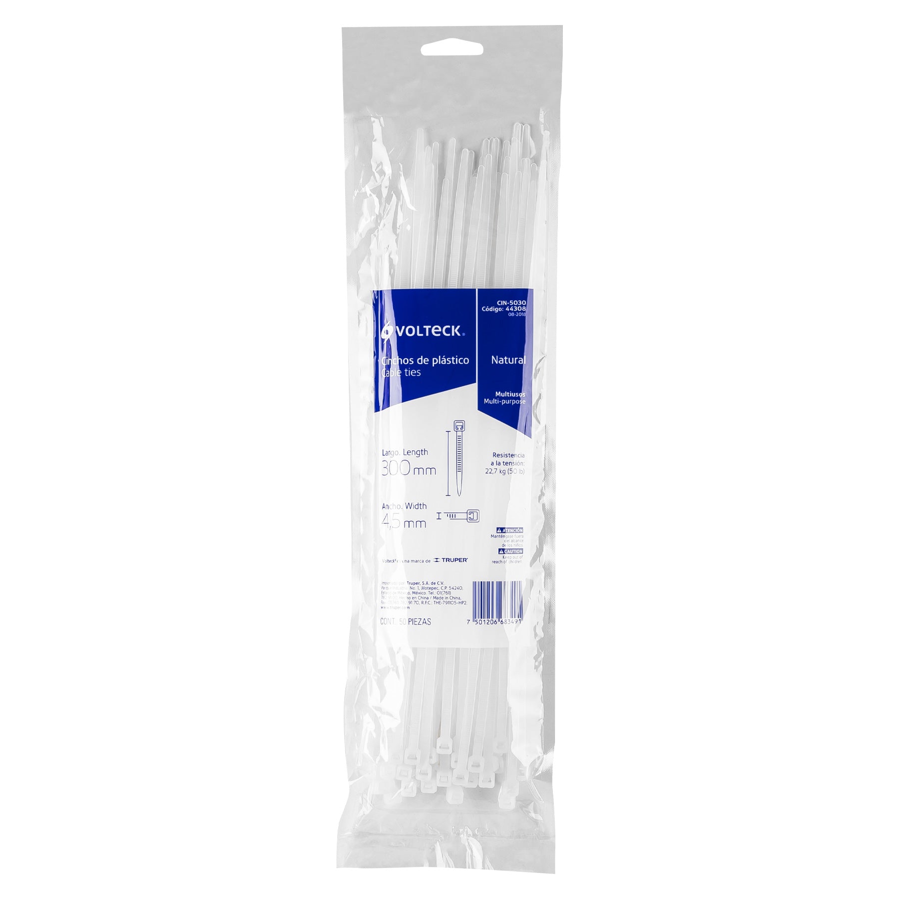 Bolsa con 50 cinchos plásticos 50 lb, 300x4.5 mm, naturales | CIN-5030 | 44308