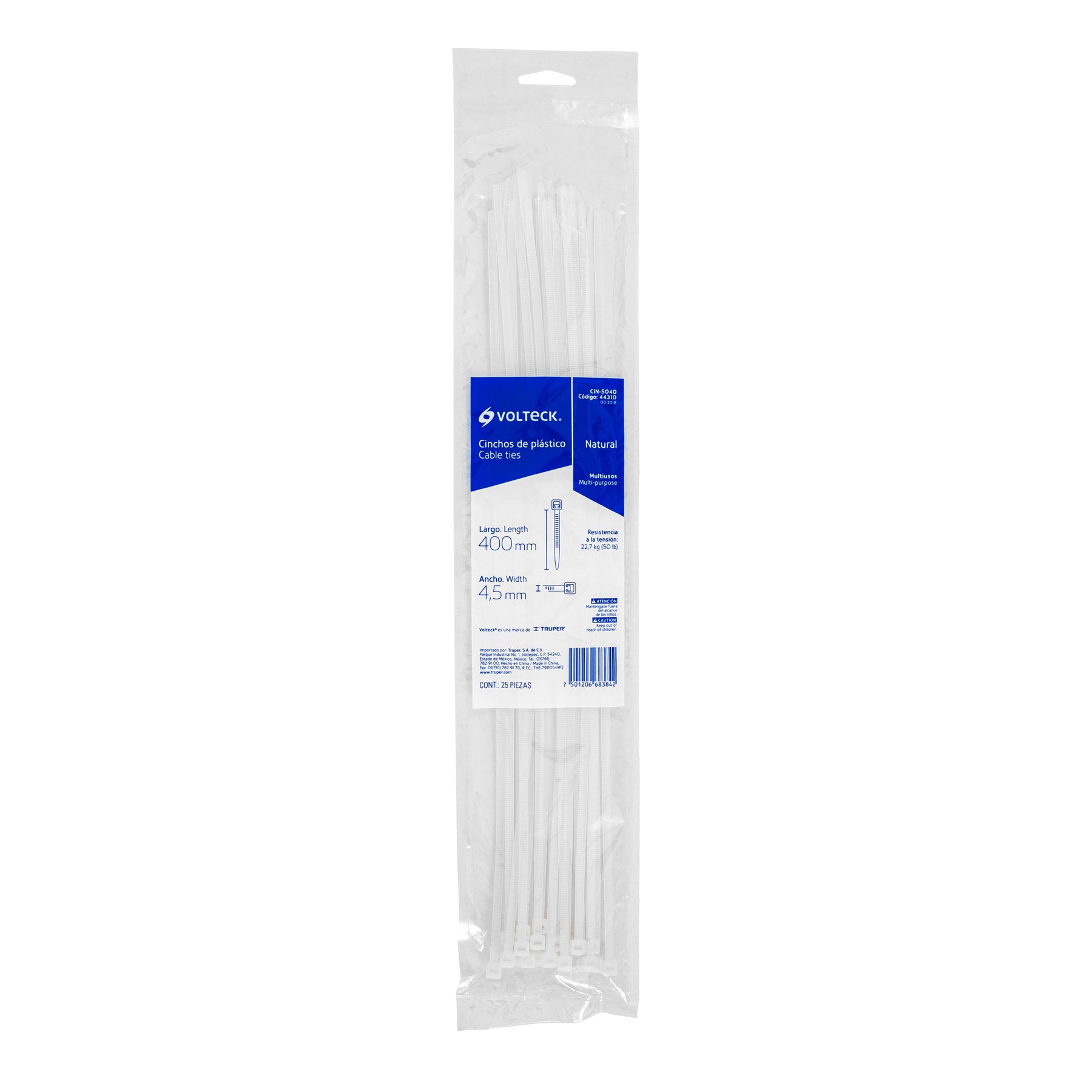 Bolsa con 25 cinchos plásticos 50 lb, 400x4.5 mm, naturales | CIN-5040 | 44310