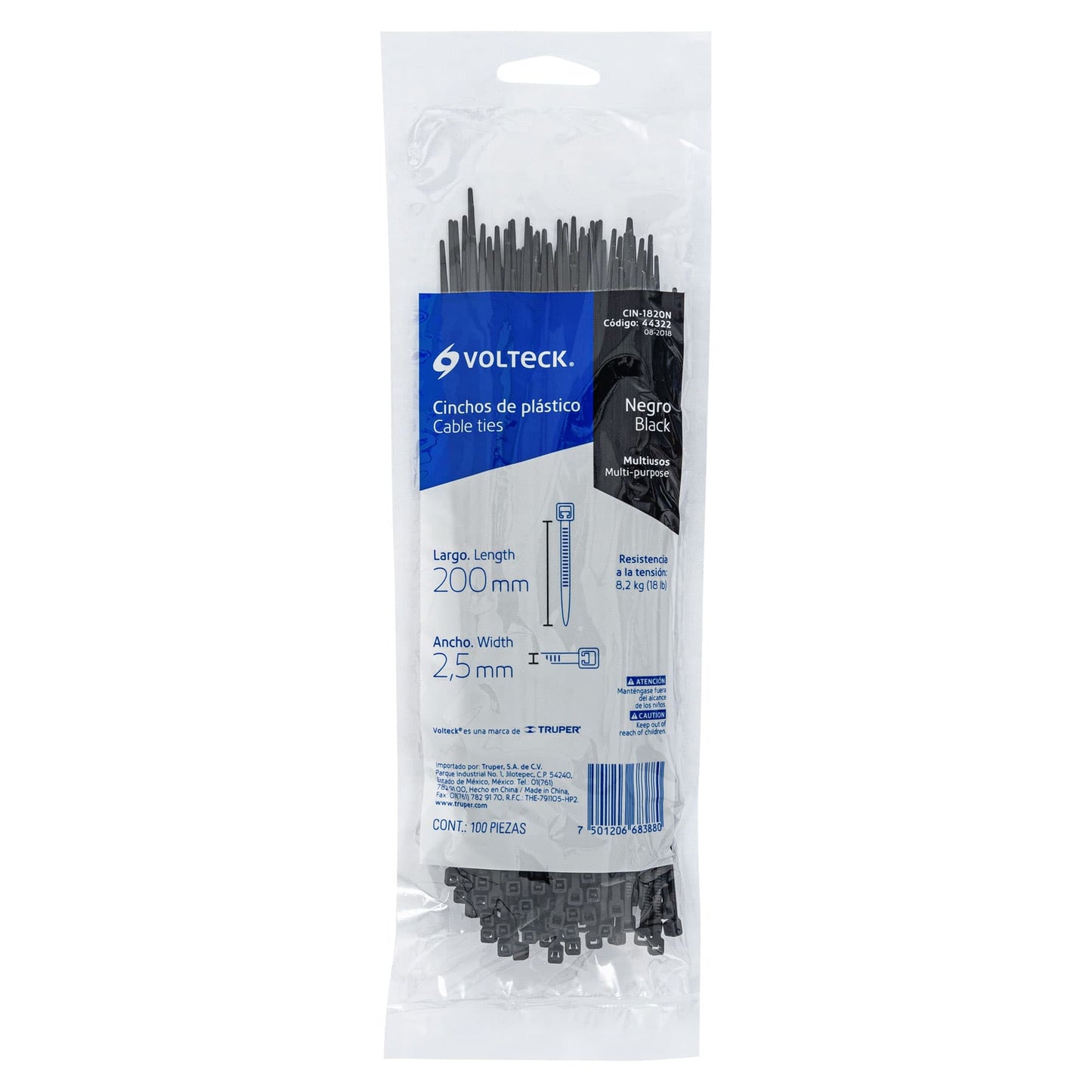 Bolsa con 100 cinchos plásticos 18 lb, 200x2.5 mm, negros | CIN-1820N | 44322