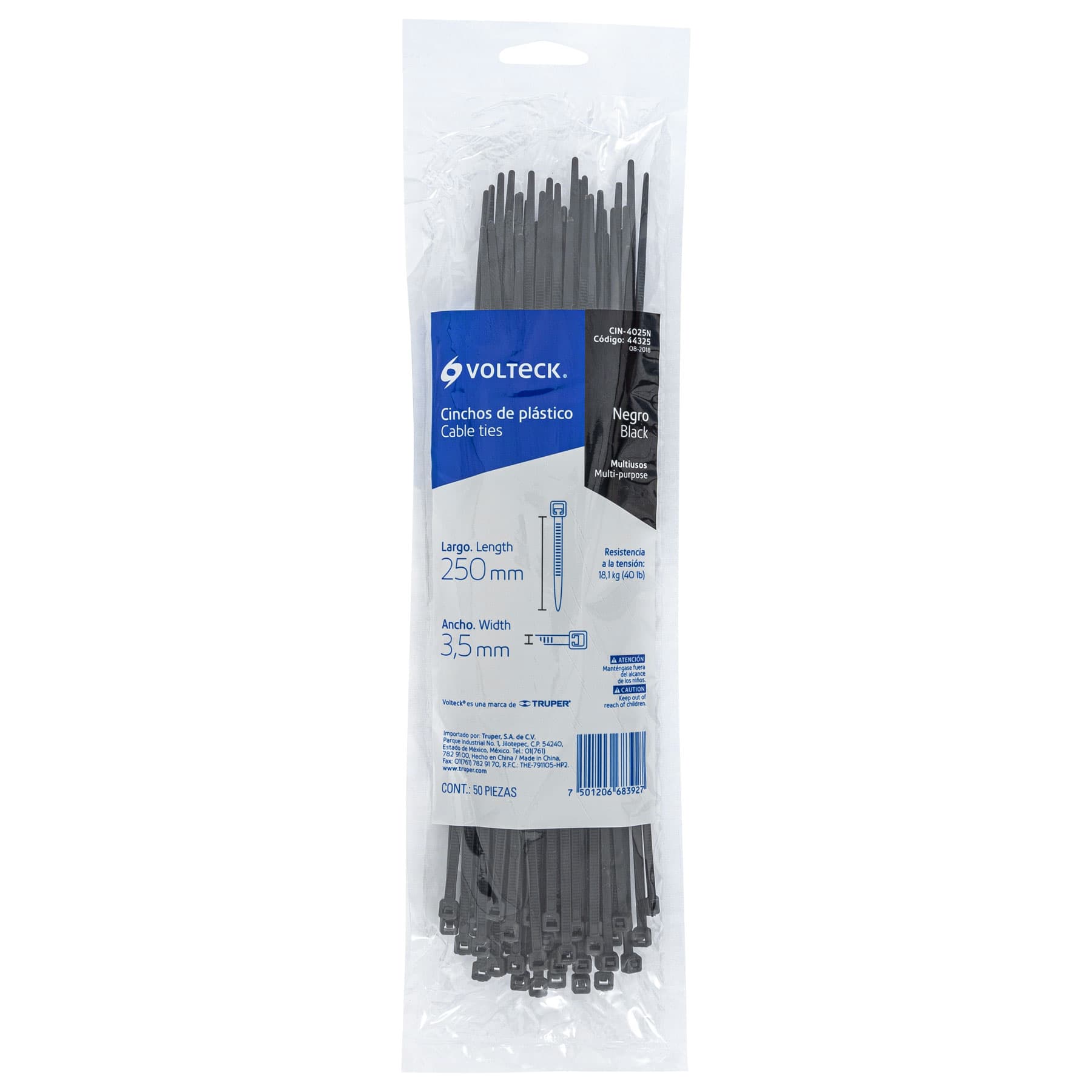 Bolsa con 50 cinchos plásticos 40 lb, 250x3.5 mm, negros | CIN-4025N | 44325