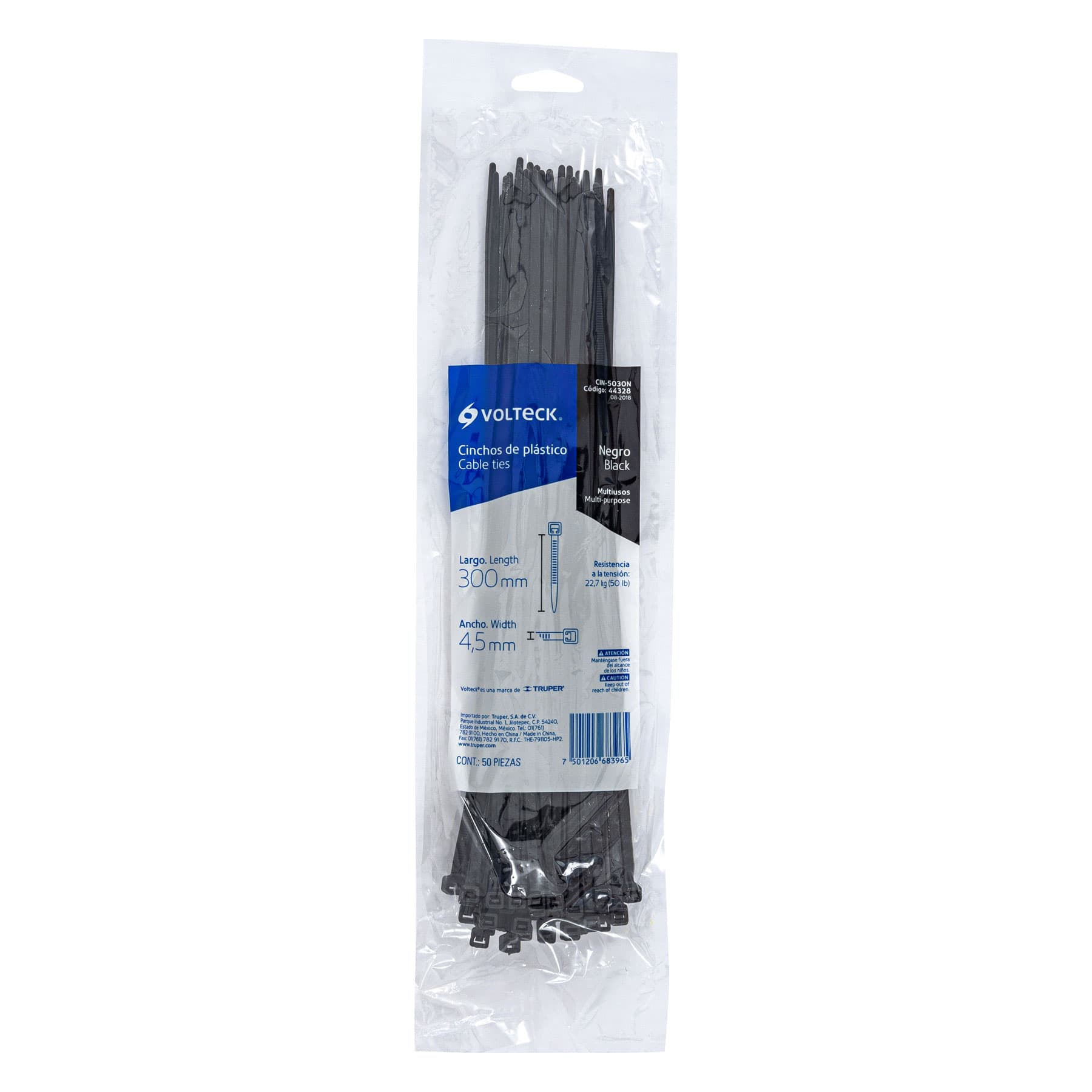 Bolsa con 50 cinchos plásticos 50 lb, 300x4.5 mm, negros | CIN-5030N | 44328