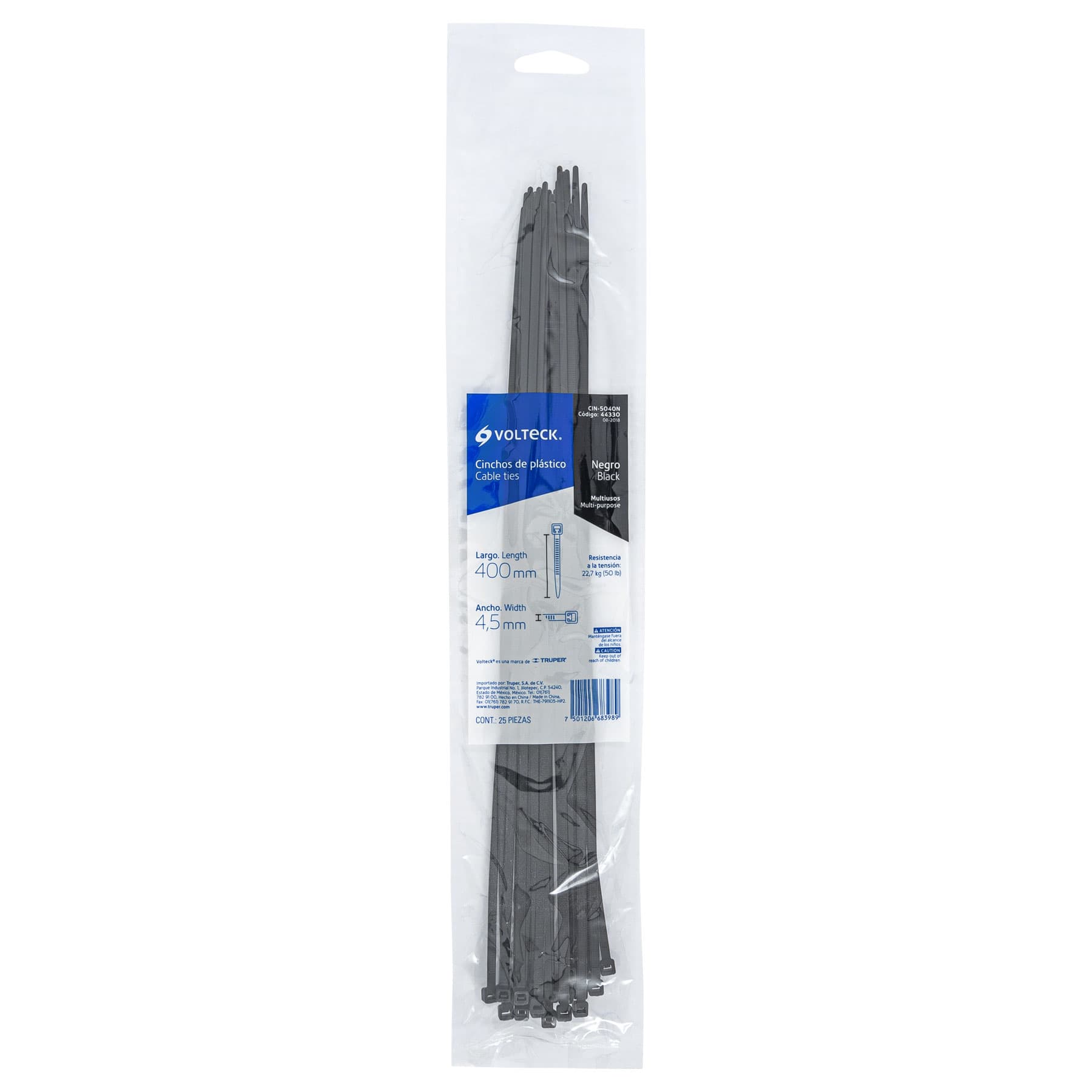 Bolsa con 25 cinchos plásticos 50 lb, 400x4.5 mm, negros | CIN-5040N | 44330