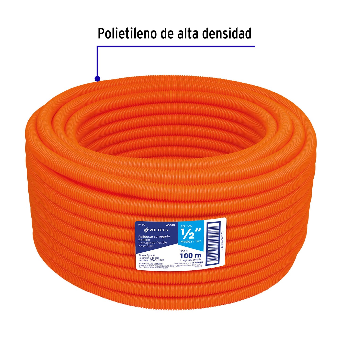 Metro de poliducto 1/2' corrugado flex. s/guía, rollo 100 m | PF-1/2 | 45018