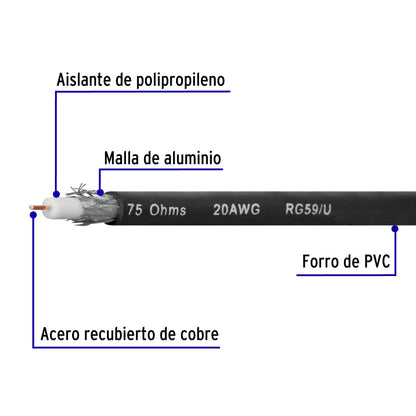 Metro de cable coaxial RG59 en carrete de 500 m, Volteck | CABCO-59500 | 45029
