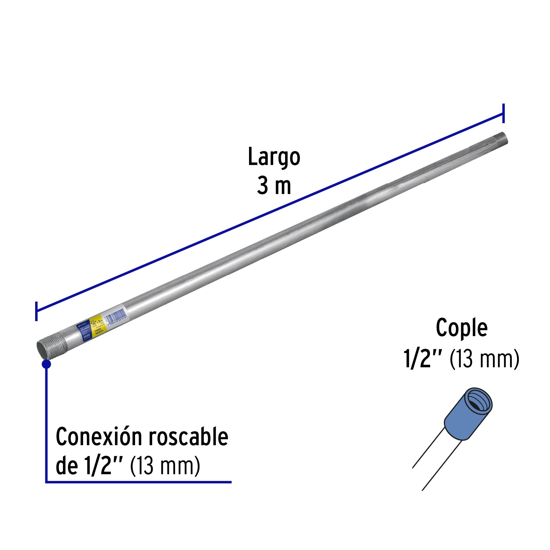 Tubo Conduit 1/2' pared gruesa (1.6 mm), et. amarilla, 3 m | TC-1/2-GA | 45286