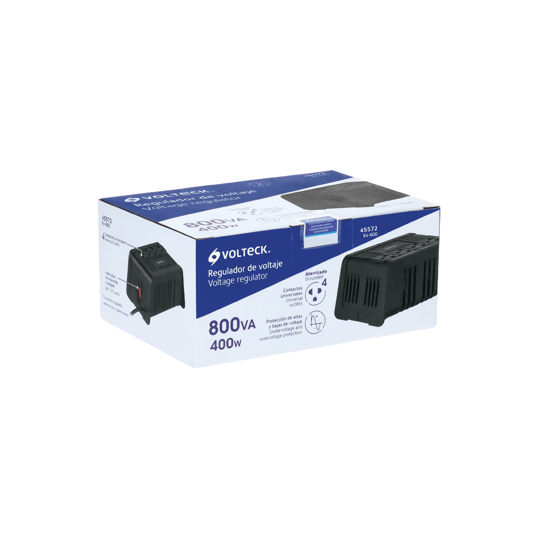 Regulador de voltaje de 800 VA / 400 W 4 contactos, Volteck | RV-800 | 45572