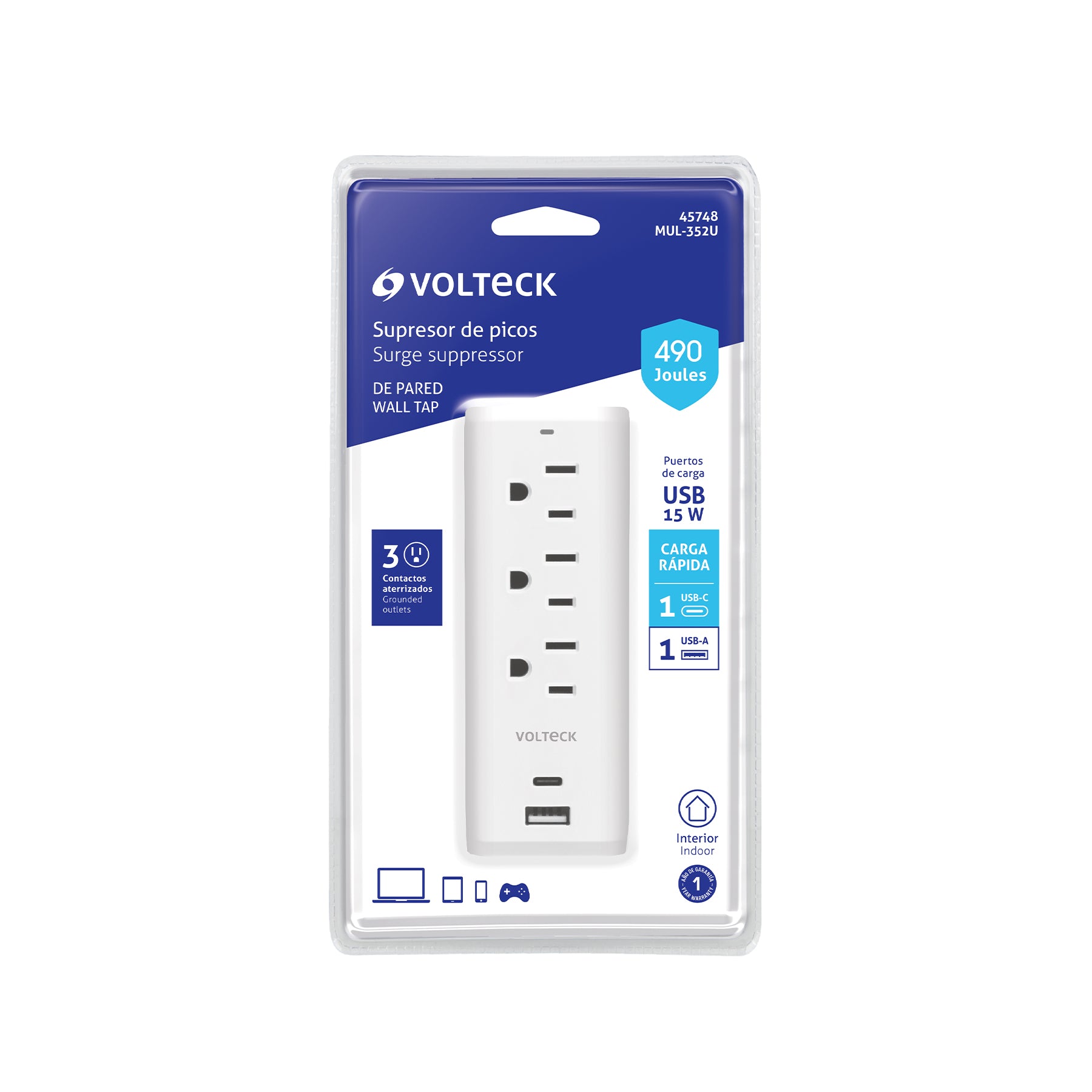 Multicontacto de pared, 490 Joules, 3 contactos y 2 USB A+C | MUL-352U | 45748