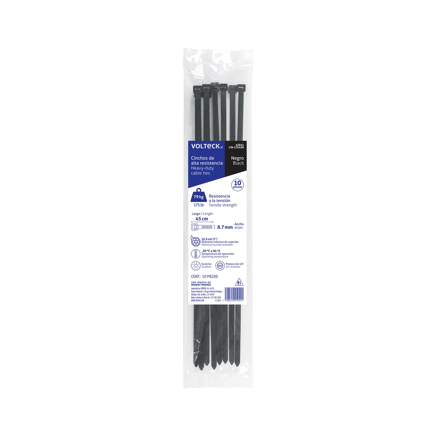 Bolsa con 10 cinchos plásticos 175 lb, 450 x 9 mm, negros | CIN-17545N | 45841