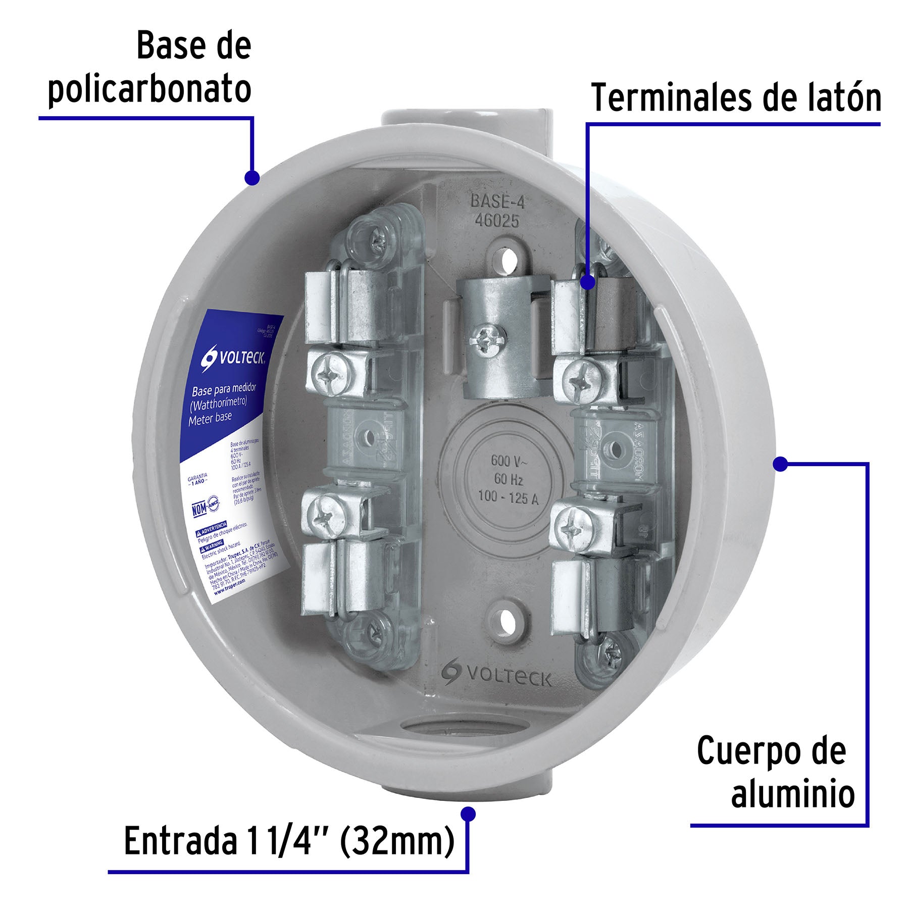 Base para watthorímetro, 4 terminales, Volteck | BASE-4 | 46025